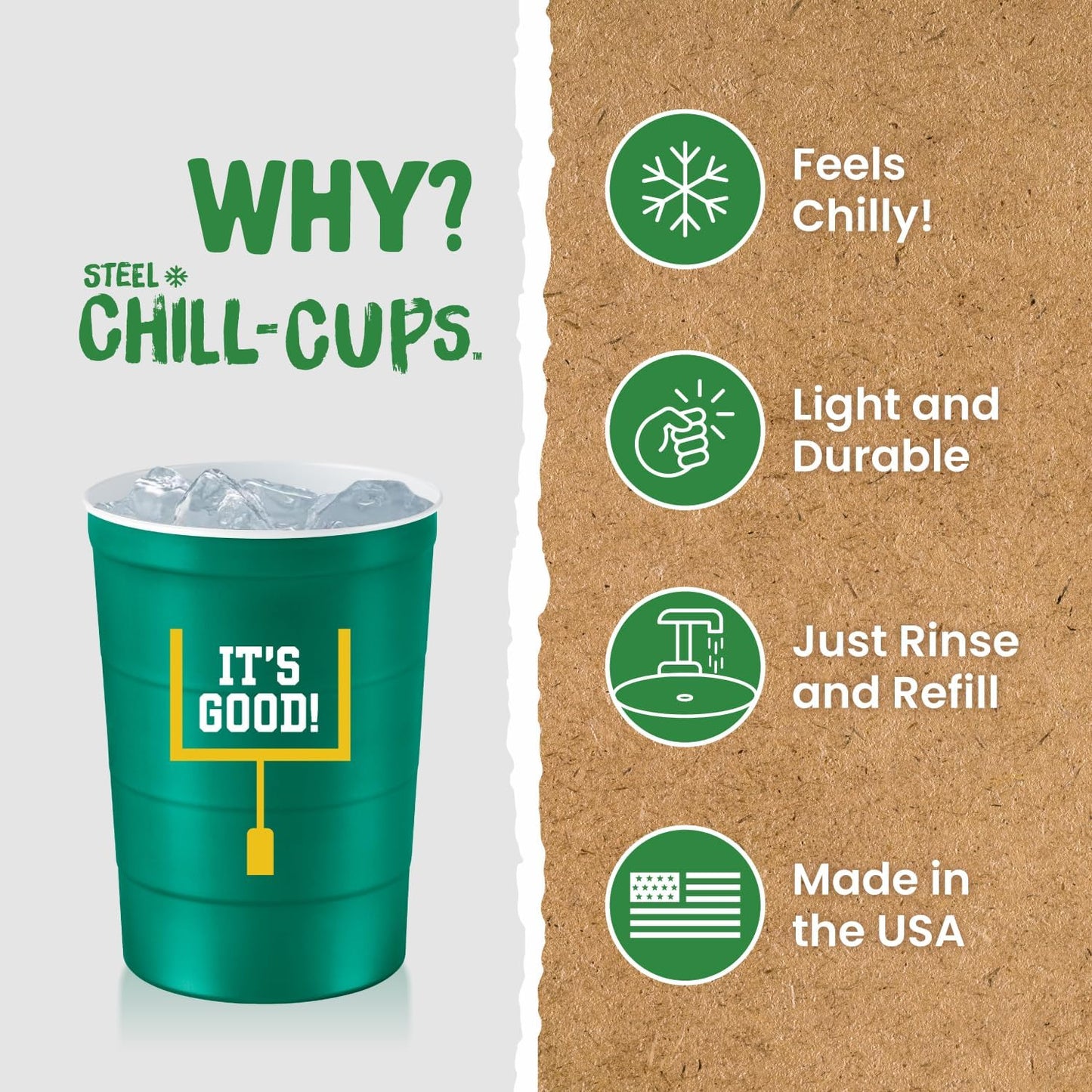 16 oz. Party Cup Football 'It's Good' Goal Post Design for Cold Drinks, Durable, Disposable, Recyclable, Made in USA, Green 12 Count