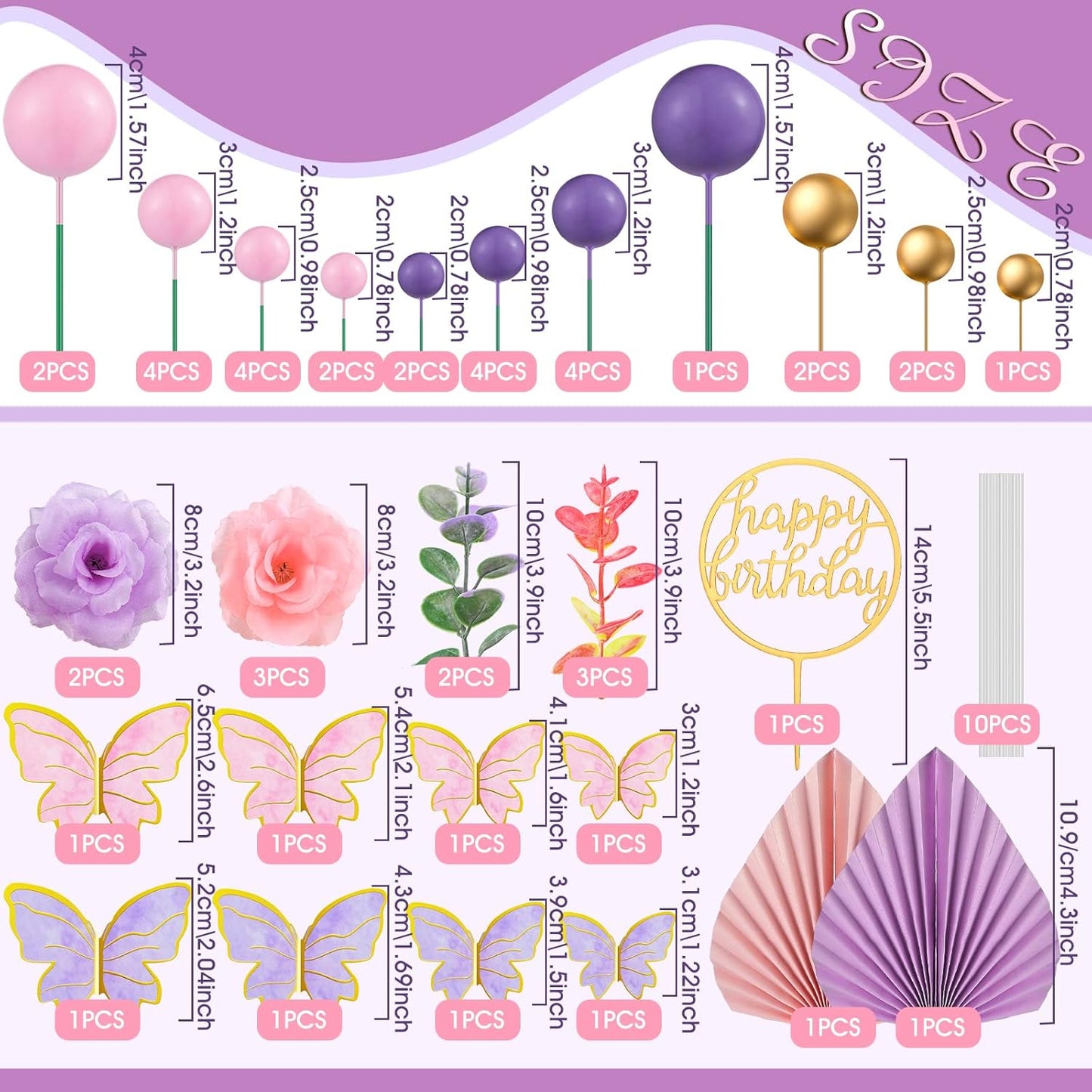 Shimeyao 52 Pcs Wedding Birthday Gold Cake Decoration Boho Cake Topper Pink Purple Flower Butterfly Palm Leaves Balls Toppers for Women Baby Shower Party Decoration(Candy Color)