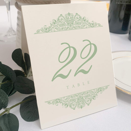 Paisley Wedding Table Numbers (Select Color/Quantity), Champagne, Sage, 1-80, Double Sided, Tent or Use in a Stand, Great for Parties & Restaurants - Made in the USA