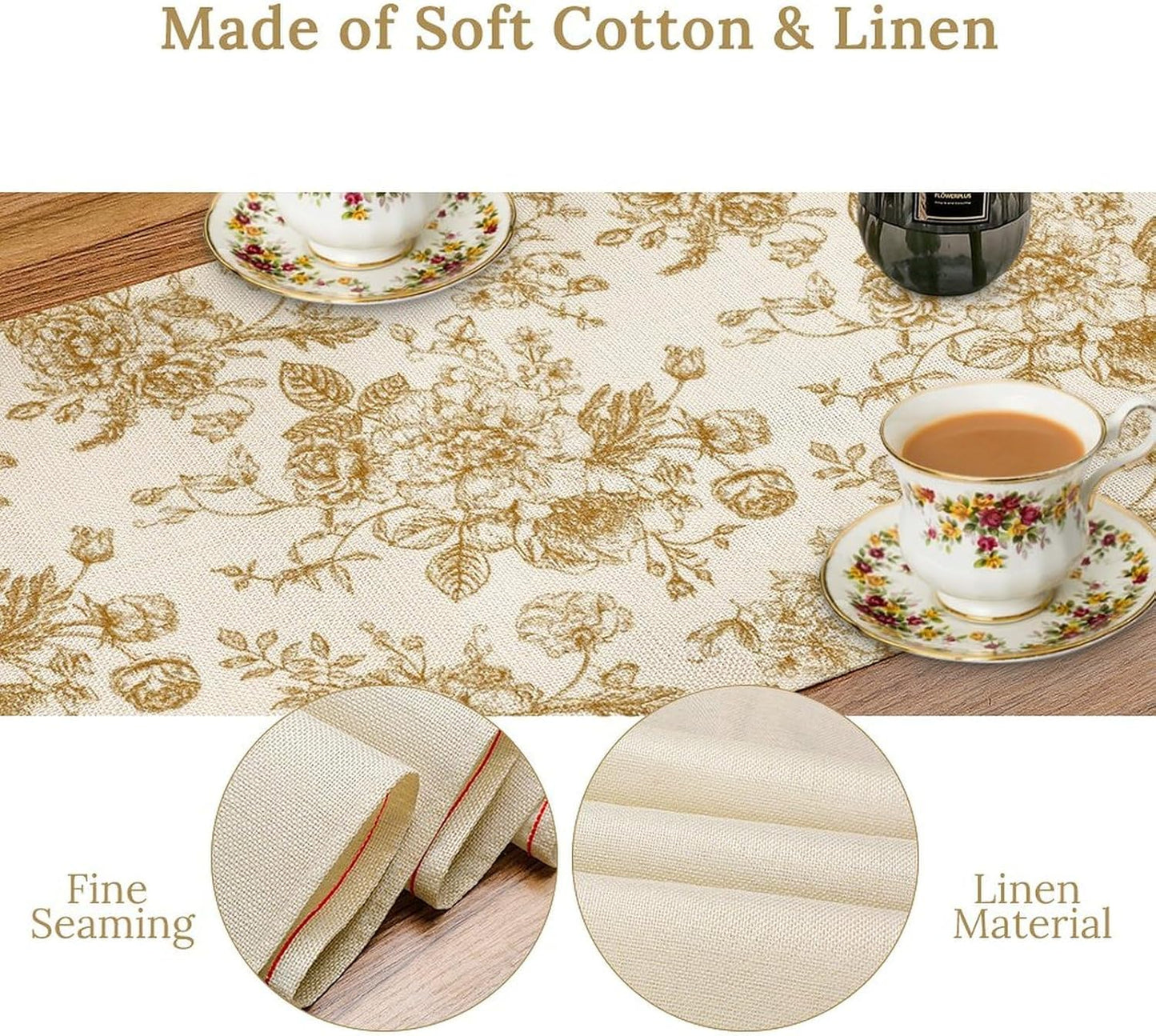 Retro Floral Table Runner, Golden White Wildfloral Sketch Print Kitchen Dinning Table Runner for Indoor Outdoor Home Wedding Party Holiday, 13x90 Inch