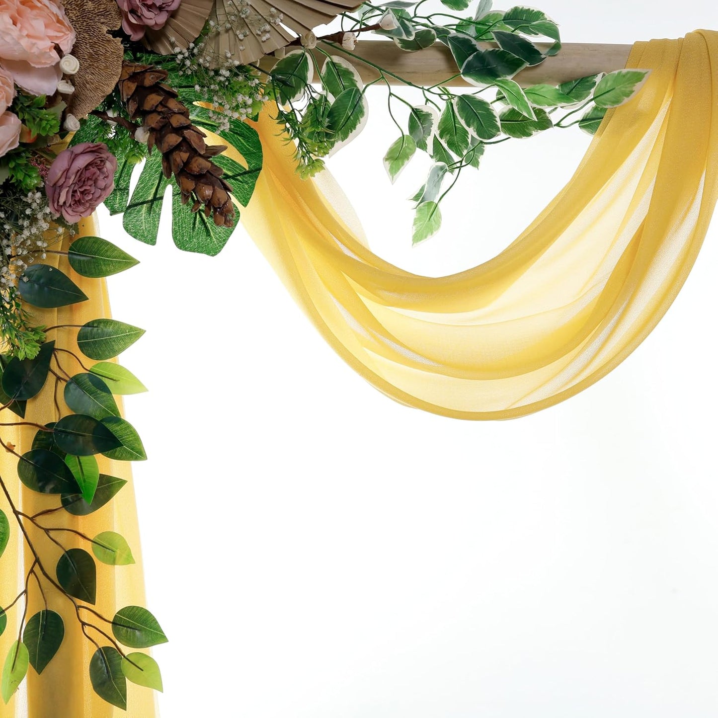 VDS Pack of 3 Panel (30 Inch X 20 Feet) Wedding Arch Draping Fabric Sheer Chiffon Fabric Drapery for Wedding Ceremony Reception Swag Backdrop Canopy Chuppah ARBO Altars Decoration (Gold)