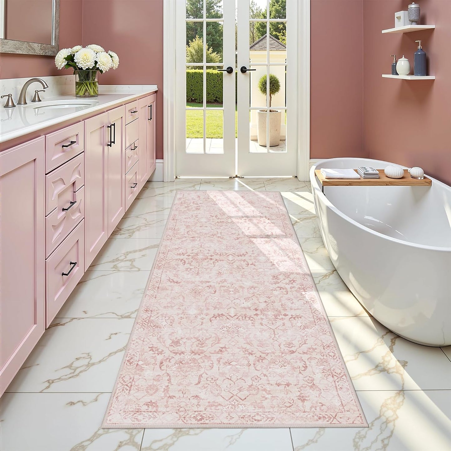 Pink 2x6 Runner Rug for Hallways Bed Side Kitchen, Boho Washable Distressed Low-Pile Floor Entryway Long Bathroom Mat, Non-Slip Laundry Room Washstand Front Carpet Green 24x72 Inch