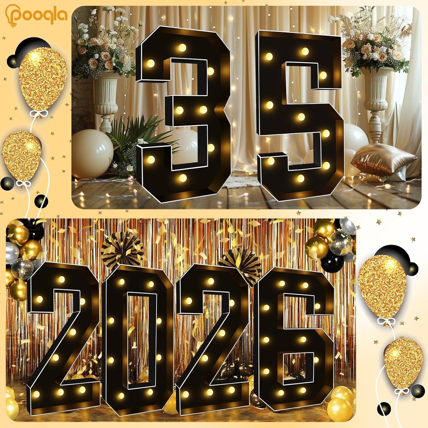 Pooqla 3 FT Light Up Marquee Numbers, Black Marquee Number Lights 3 Feet Tall for 9th 19th 90th Birthday, Giant Letter Big Mosaic Numbers for Balloons Party Anniversary Wedding Decorations, Black 9