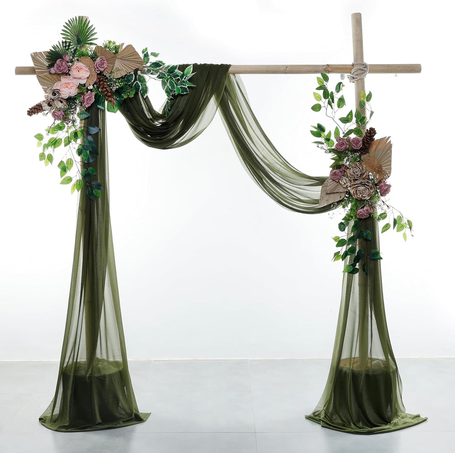 VDS Pack of 3 Panel (30 Inch X 20 Feet) Wedding Arch Draping Fabric Sheer Chiffon Fabric Drapery for Wedding Ceremony Reception Swag Backdrop Canopy Chuppah ARBO Altars Decoration (Olive)