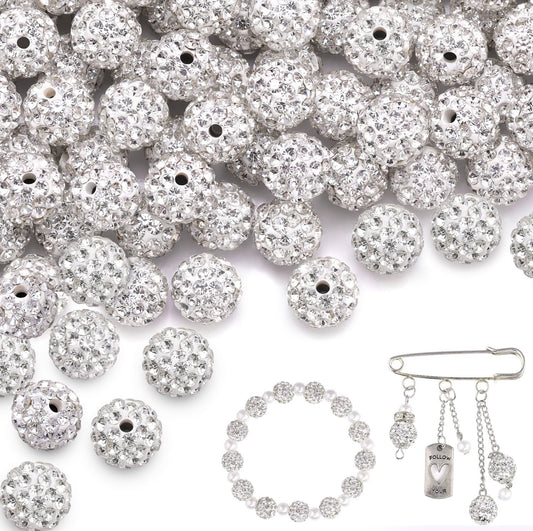 150 pcs 10mm Rhinestone Beads for Jewelry Making, White Shiny Round Shamballa Disco Beads Bulk, Sparkle Crystal Clay Christmas for Bracelet Baseball Necklace Earring Crafting and DIY
