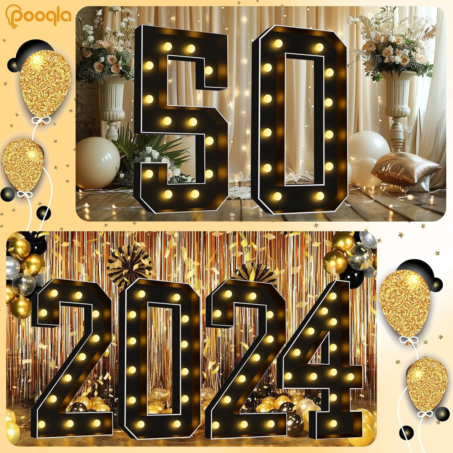 Pooqla 4 FT Light Up Marquee Numbers, Black Marquee Number Lights 4 Feet Tall for 5th 15th 50th Birthday, Giant Letter Big Mosaic Numbers for Balloons Party Anniversary Wedding Decorations, Number 5