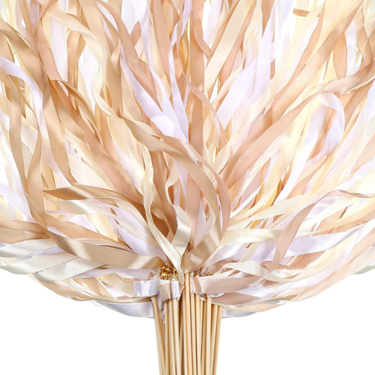 Boao 40 Pieces Mixed Color Ribbon Sticks with Bell, Ribbon Sticks for Stick Party, Streamers for Wedding Birthday Party Celebration Baby Shower Favors(White, Beige, Champagne)