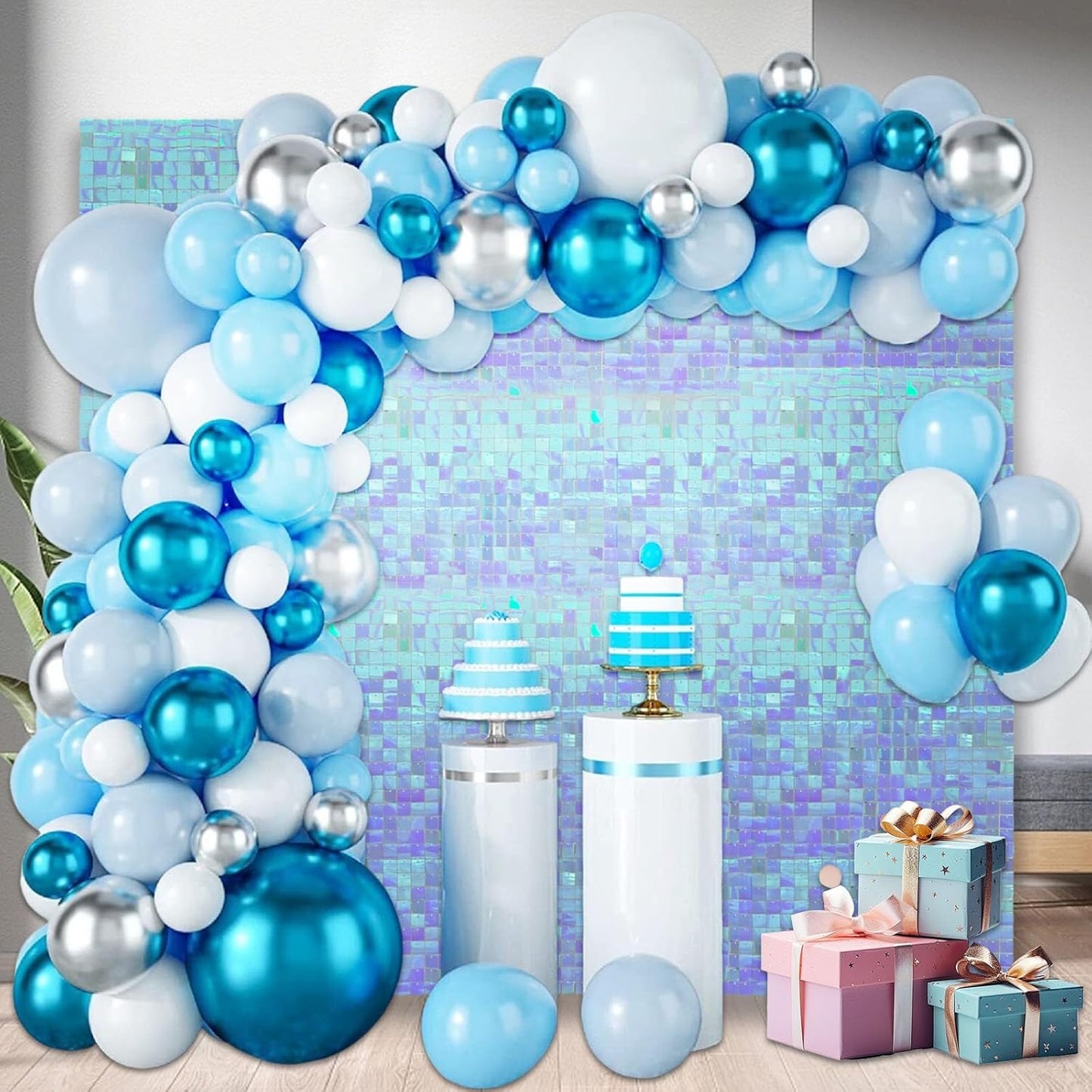 12PCS Colorful Ice Blue Shimmer Wall Backdrop, Square Sequin Photo Backdrops Panel, Glitter Wall Background for Birthdays, Weddings, Christmas, Engagements, Disco Bachelorette Party Decor (3FTx4FT)