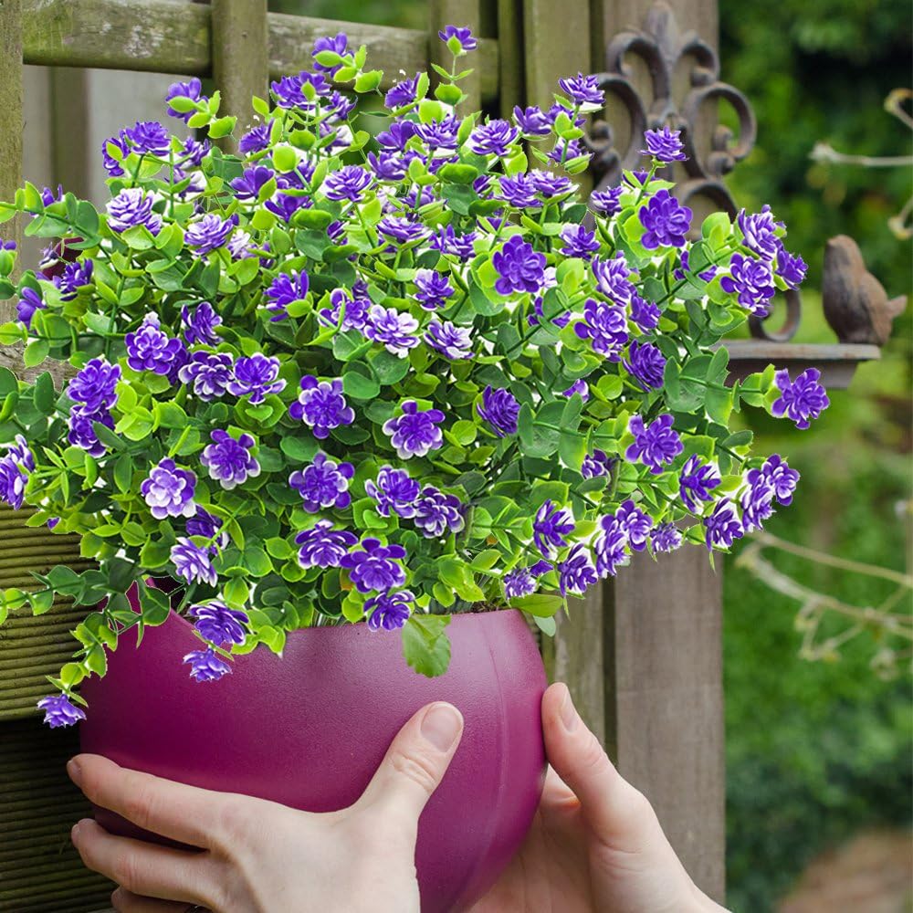 10 Bundles Artificial Fake Flowers, Faux Outdoor Plastic Plants UV Resistant Shrubs Outside Indoor Decorations (Blue-Eucalyptus)