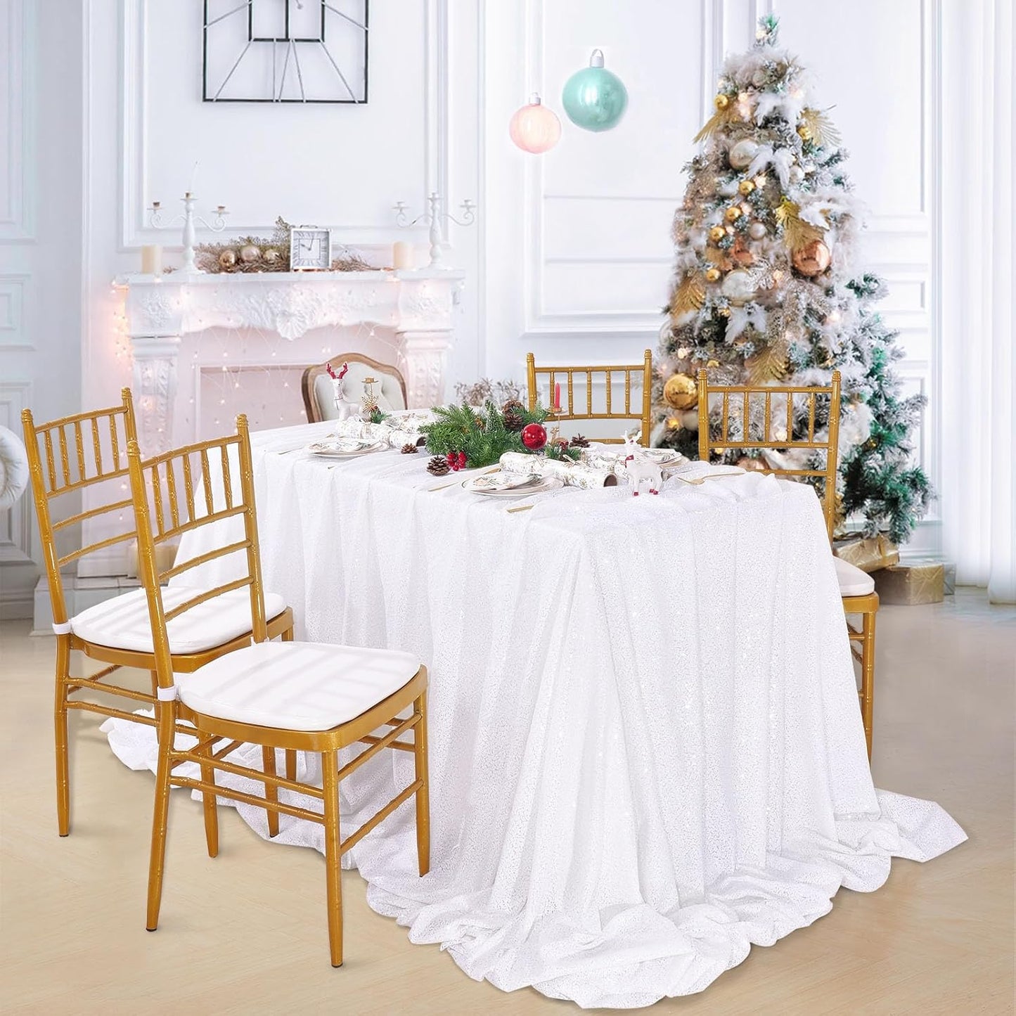 QueenDream Sparkly Sequin Tablecloth - White Table Cloth 50x80 Inches Rectangle Table Overlay Fabric for Birthday Parties Baby Shower Decoration