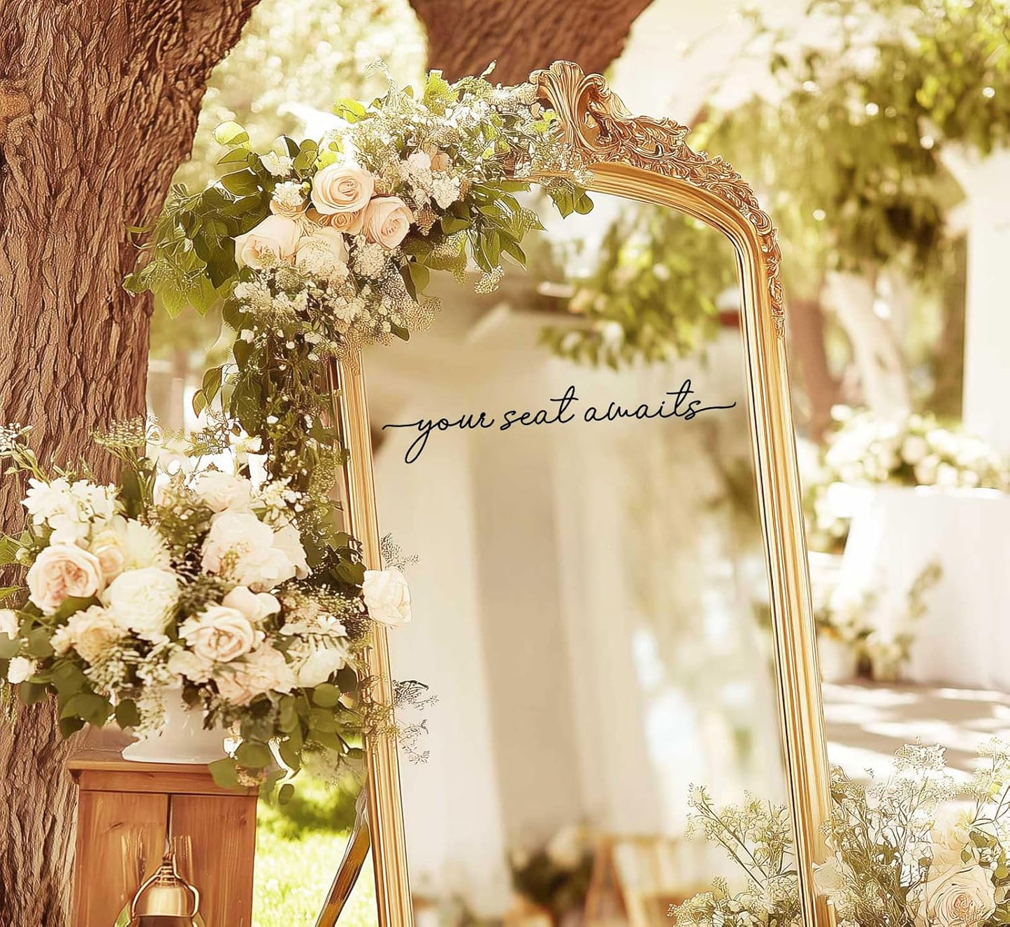 Your Seat Awaits Vinyl Decal, Wedding Seating Sticker, Mirror Decal for Seating, Please Find Your Seat Signs, Wedding Decor Sign (Black, Width 20")