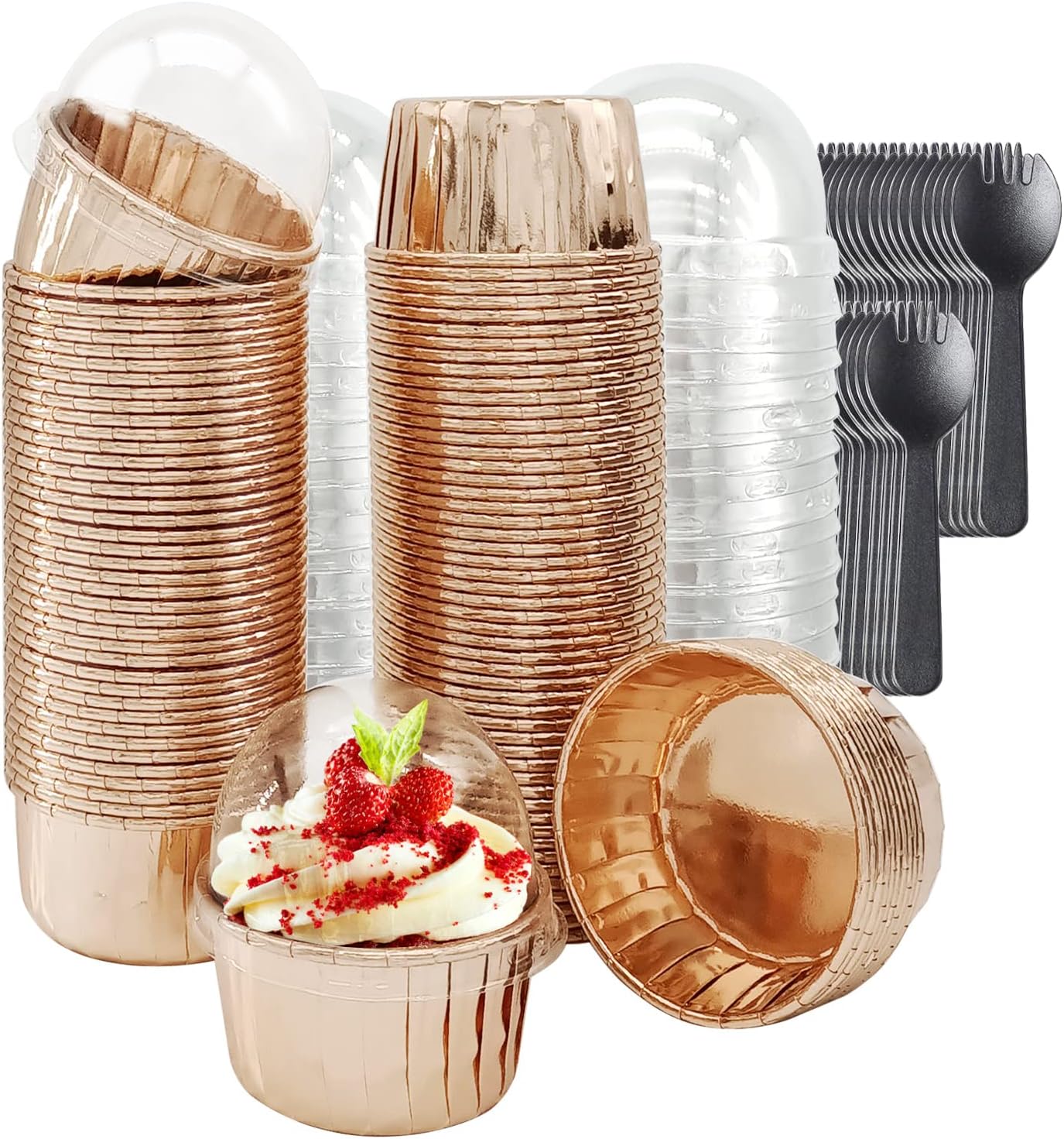 Foil Cupcake Liners with Lids 100Pack,Free-Air 3.5Oz Mini Muffin Liners Cupcake Baking Cups,Disposable Muffin Tins Cupcake Wrappers for Wedding Birthday Party, with Spoons-Champagne
