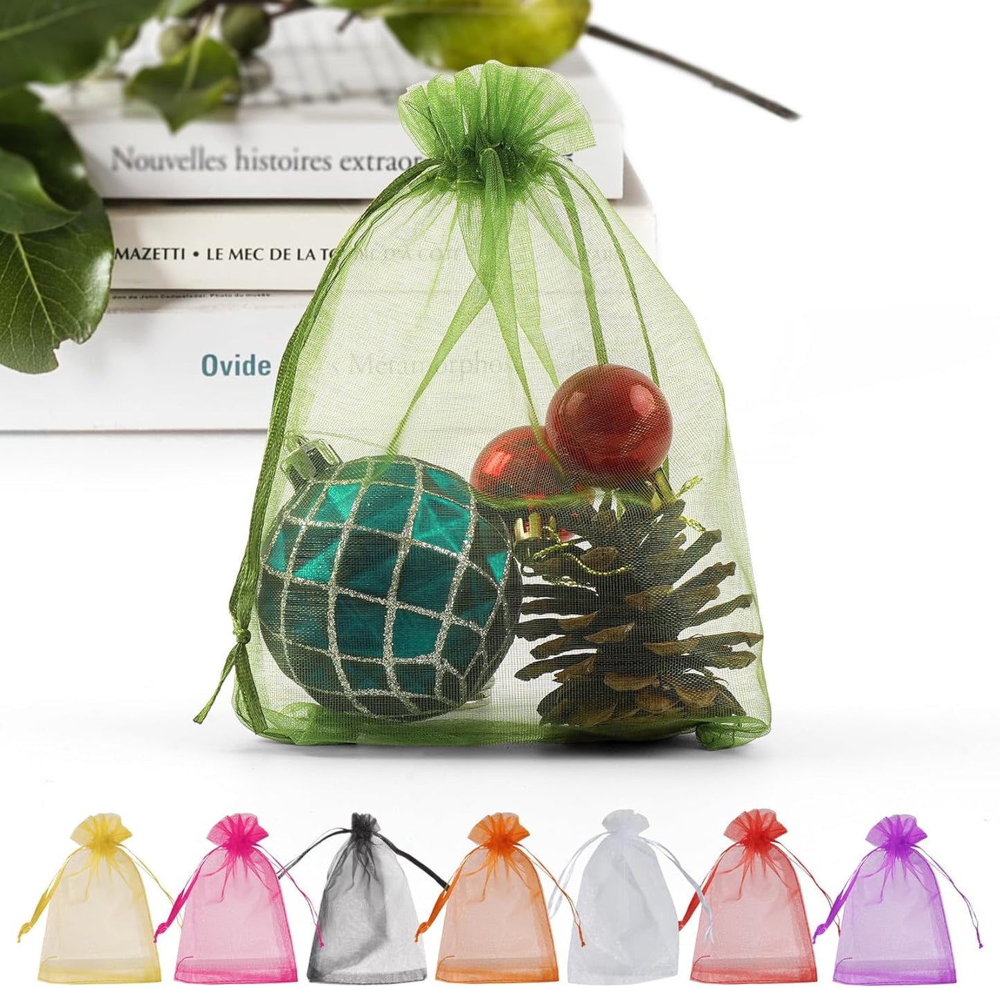 ANZNKU 50 Pack Organza Bags 4 x 6 inch Premium Sheer Drawstring Small Mesh Bag for Candy Jewelry Party Wedding Christmas Favor Gift Bag (Green)