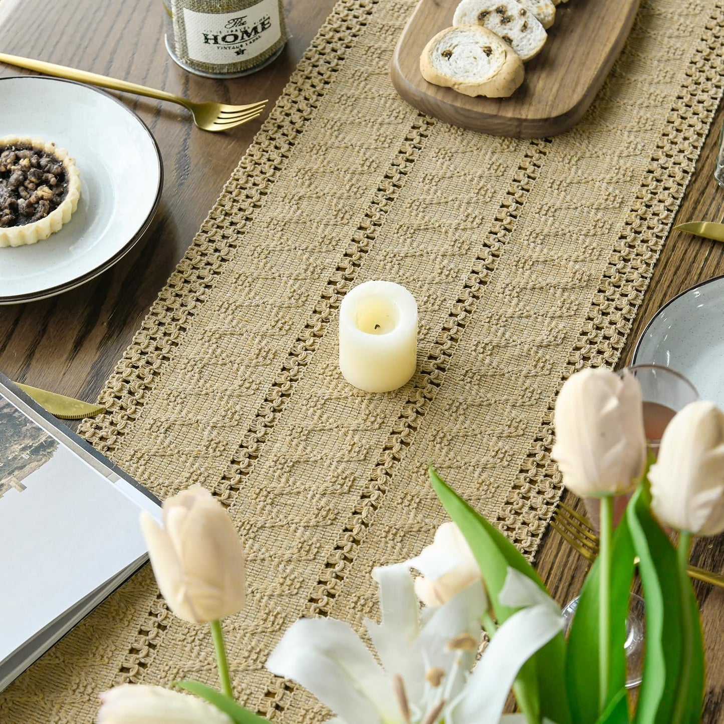 Artoid Mode Burlap Brown Farmhouse Woven Rustic Hollow Table Runner, Seasonal Holiday Hollow Kitchen Dining Table Decoration for Home Party Decor 12x108 Inch