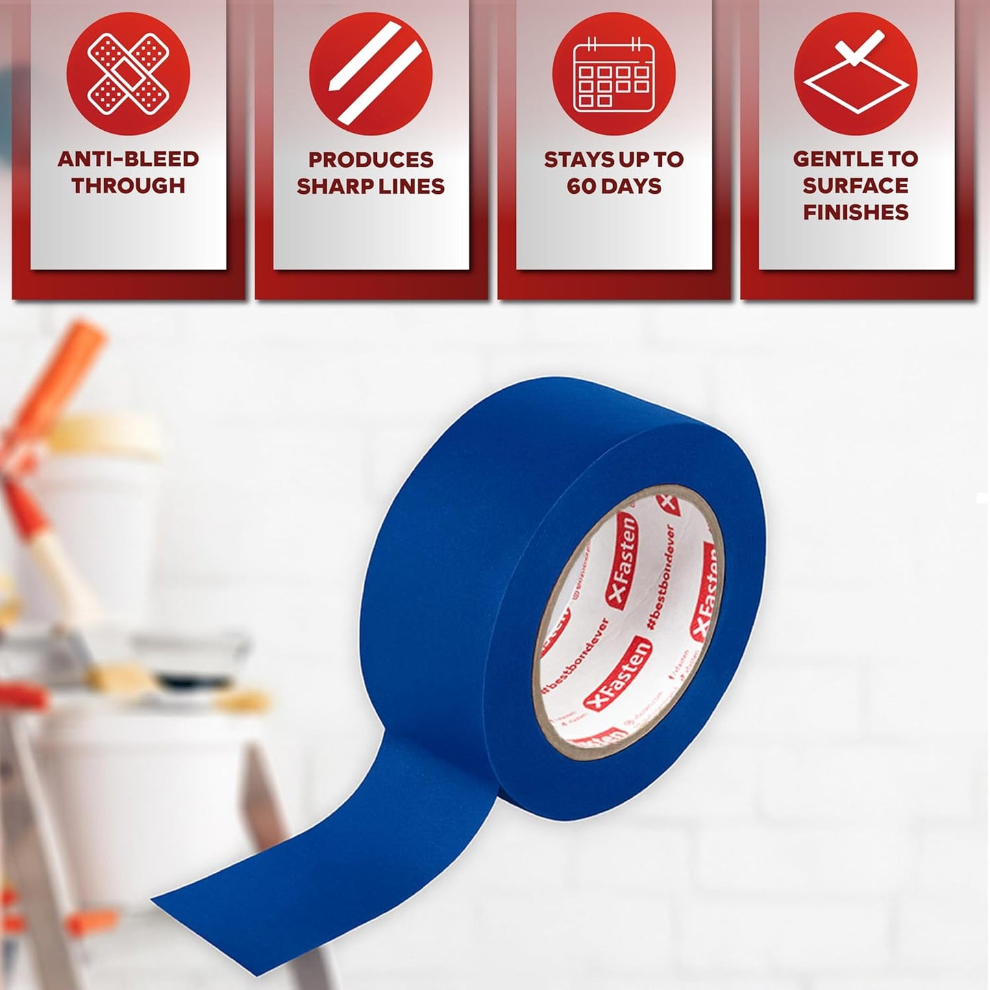 XFasten Professional Blue Painters Tape 2 Inch x 60 Yards (3-Pack) Bulk Blue Masking Tape for Painting Walls | Residue-Free