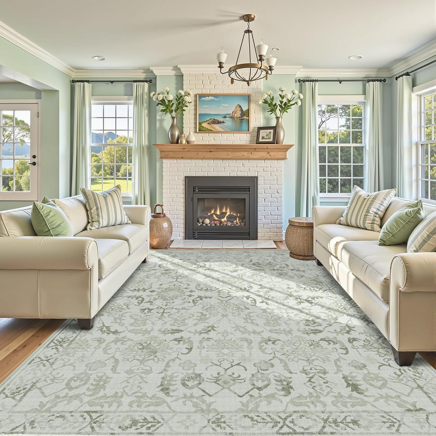 Sage Neutral Large Area Rug10x12 for Living Room, Washable Rug for Dining Room Bedroom, Anti-Slip Low-Pile and Soft Accent Rug Farmhouse Office Home Decor Light Green