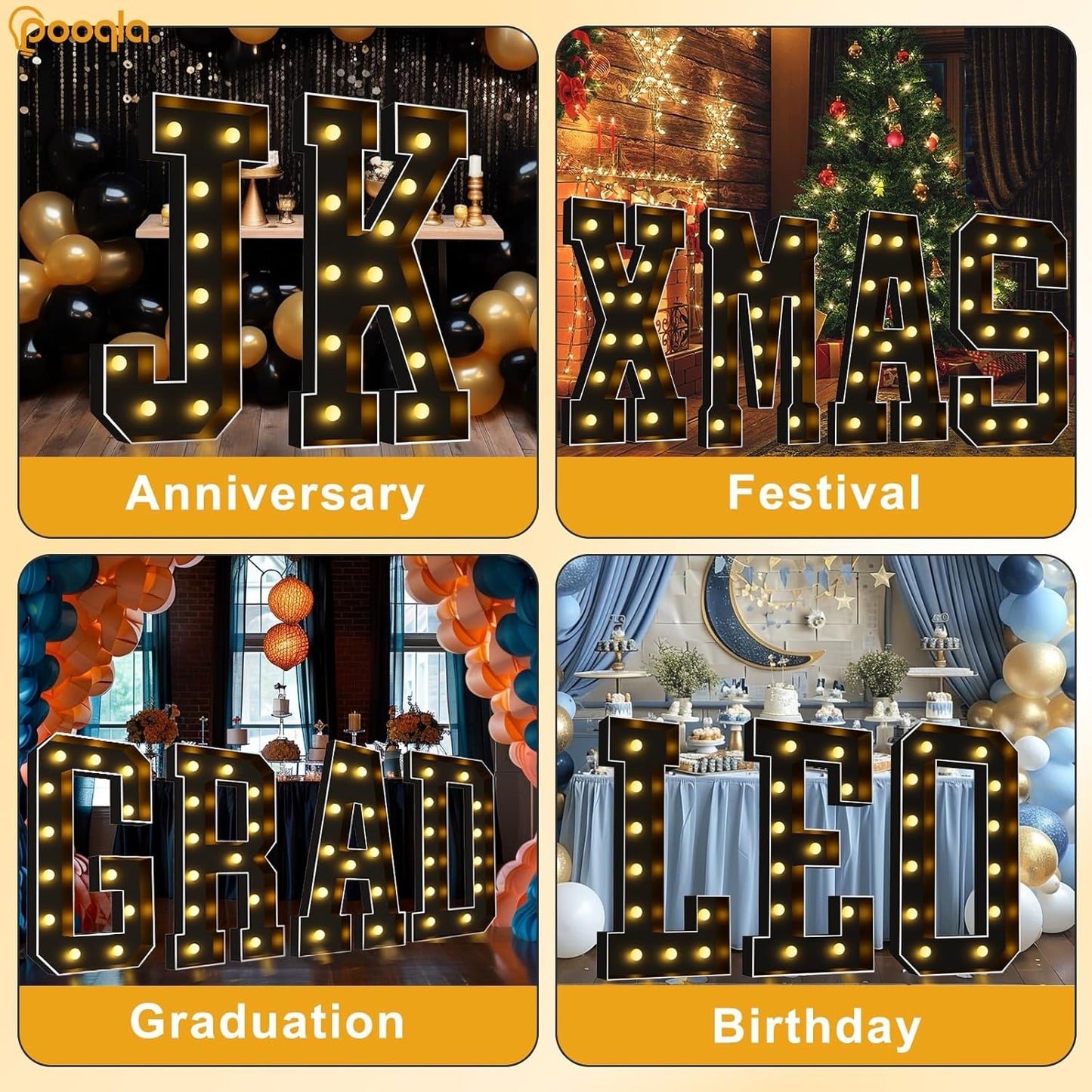 Pooqla 4 FT Marquee Light Up Letters, Black Marquee Letter Lights 4 Feet Tall for Birthday Decoration, Big Mosaic Letters Sign for Balloons Party Anniversary Wedding Decorations, Giant Warm White O
