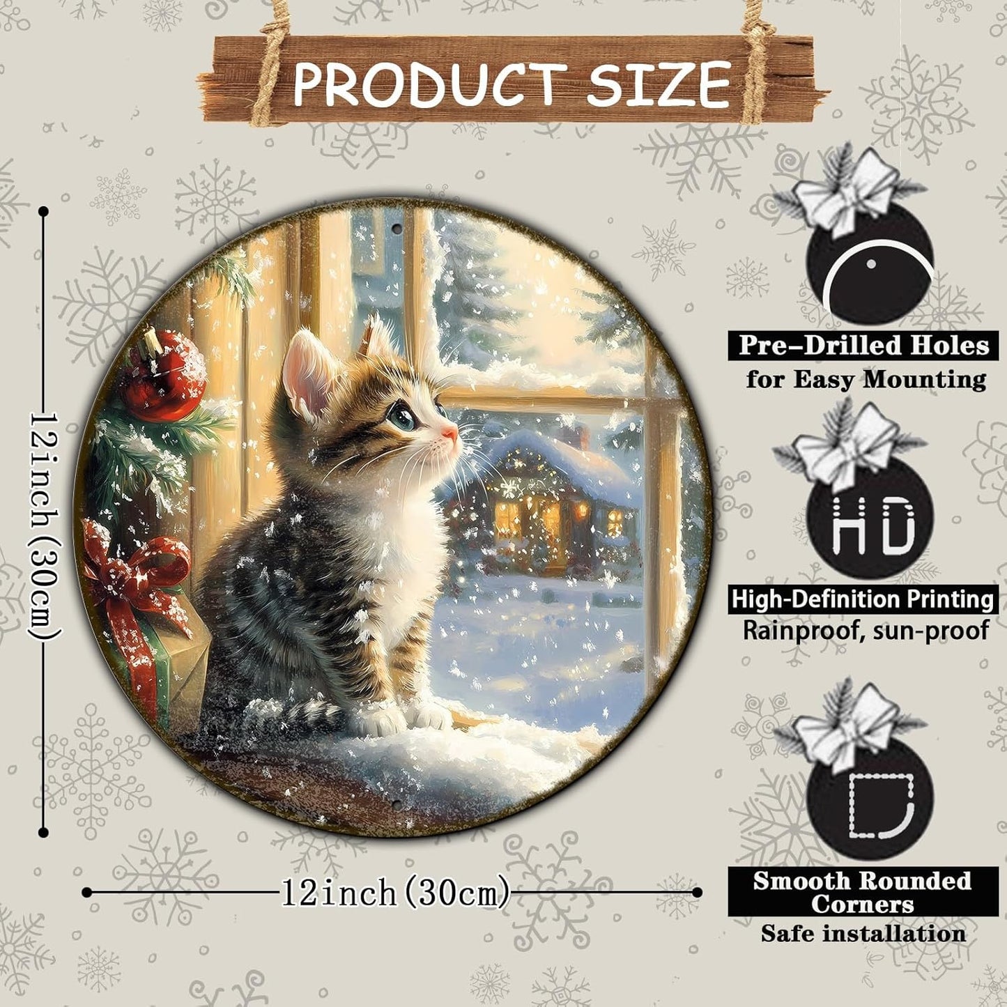 Round Christmas Sign Cats Vintage Metal Sign Christmas Kitten Retro Tin Sign Wall Decor for Home Office Bar Club Man Cave 12 * 12 in