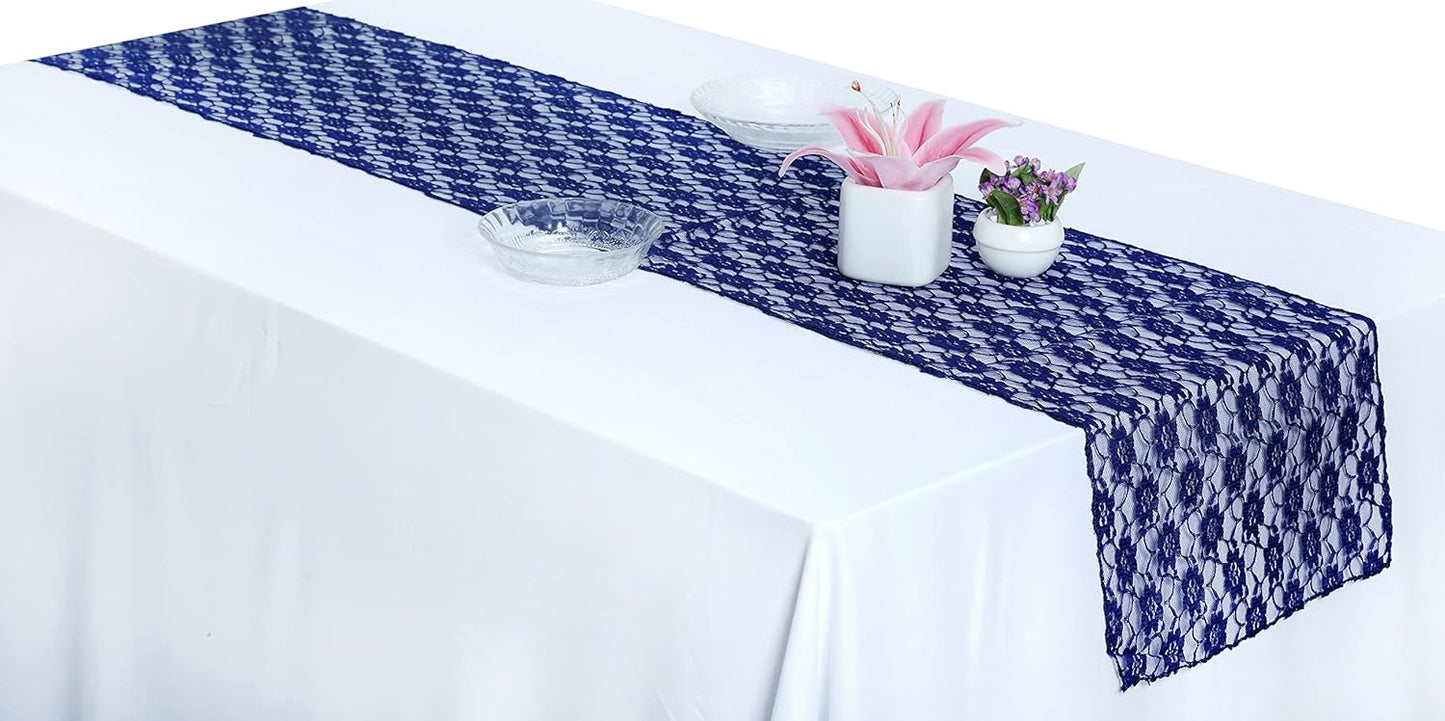 MDS Pack of 25 Wedding 12 x 108 inches Lace Table Runner for Wedding, Decorations for Birthday Parties, Banquets, Graduations, Engagements, and Runners fit Rectangle, Round Table- Navy Blue