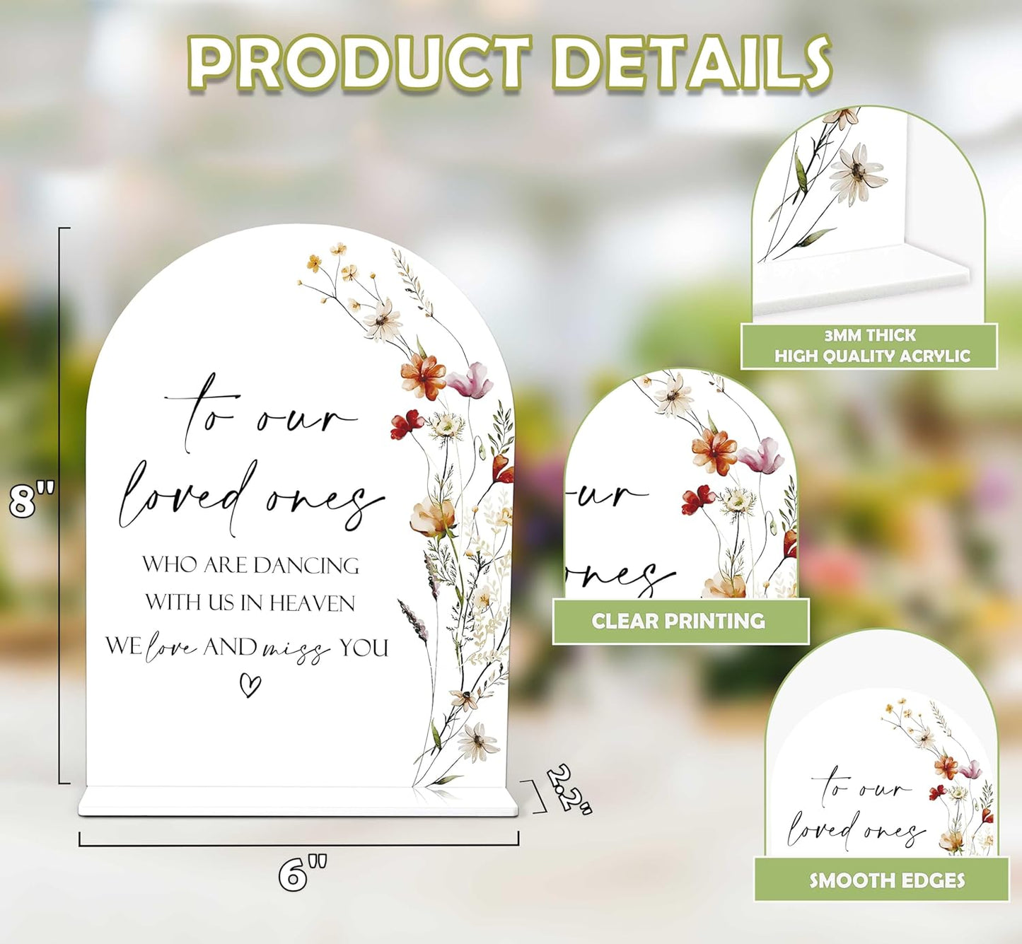 Boho Floral Wedding Memorial Sign, 6 x 8 Inch White Arch Acrylic Wedding Sign with Holder, Wedding Sign for Ceremony and Reception, Wedding Decoration, Wedding Supplies - BX11