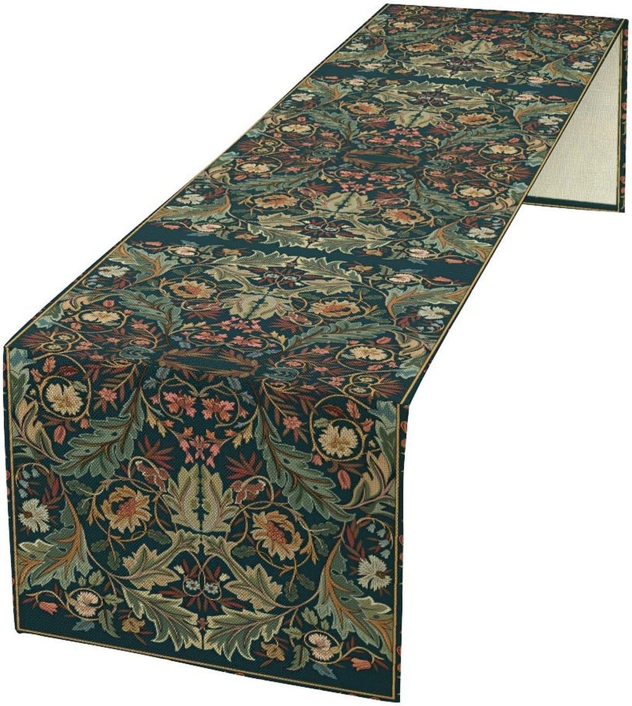 Green Morris Floral Table Runner, Boho Rustic Country Farmhouse Teal Red Rose Pattern for Home Kitchen Table Decor Dining Coffee Room Party Decor 13x120in
