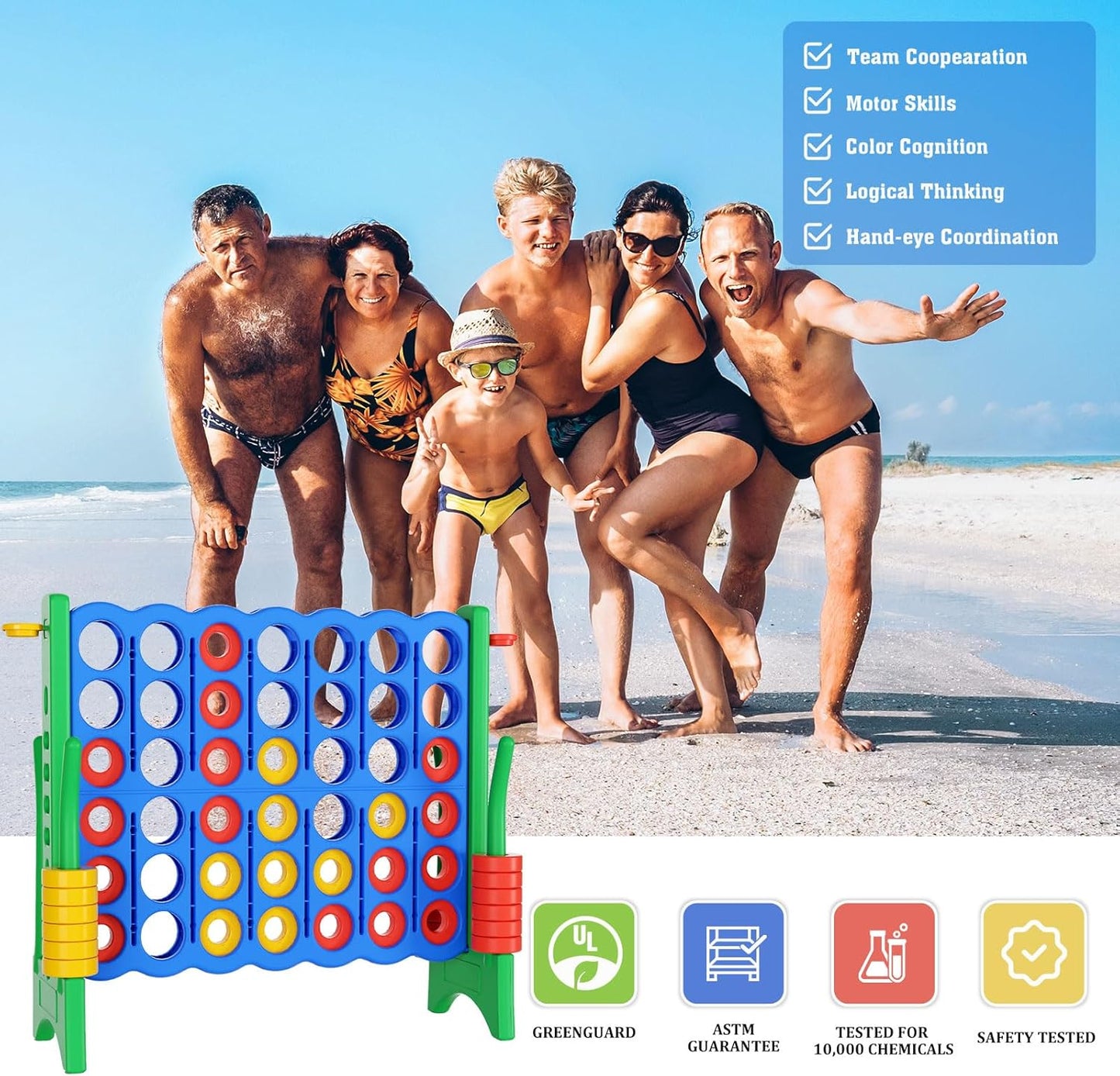 Jumbo 4 in a Row Game Set,4FT Giant Game Set with Carry Bag&44 Pieces Rings&Cup Holder,Indoor/Outdoor Yard Game for Kids & Adults-Fun Family&Party Game-Boosts Brain Power (Blue&Green)