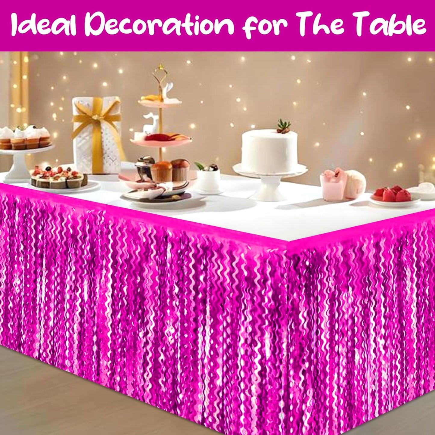 6 Pack 29 x108 Inch Rose Red Wave Foil Fringe Table Skirts Metallic Banner for Tinsel Streamer Garland Backdrop for Parade Floats, Mother's Day, Easter, Wedding, Birthday Party Decoration