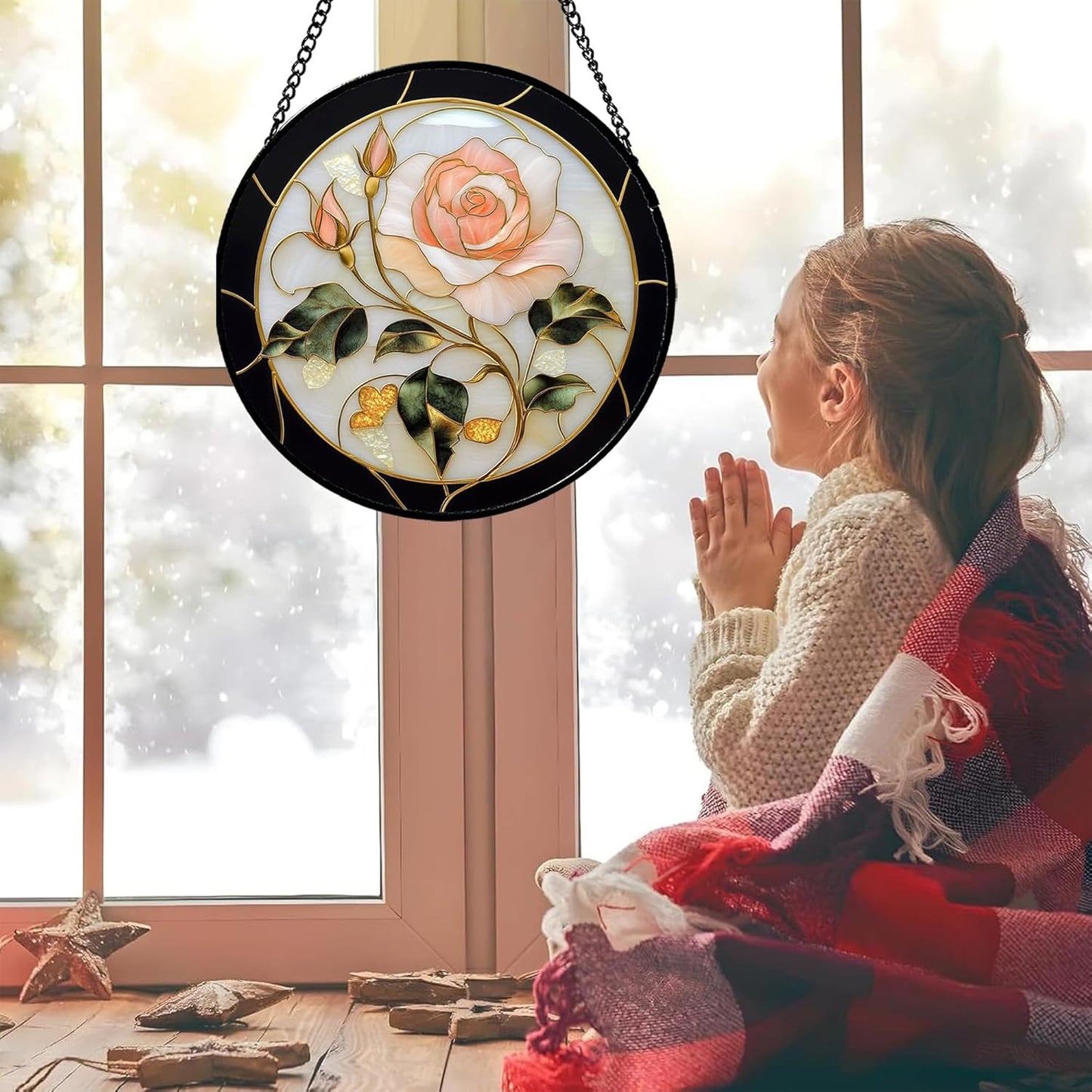 Stained Glass Window Hanging - Black White Pink Rose Sun Catcher for Door Home Decor Flower Suncatcher Christmas Mother's Day Birthday Gifts for Women Men Lovers Mom Nana 6.3 in