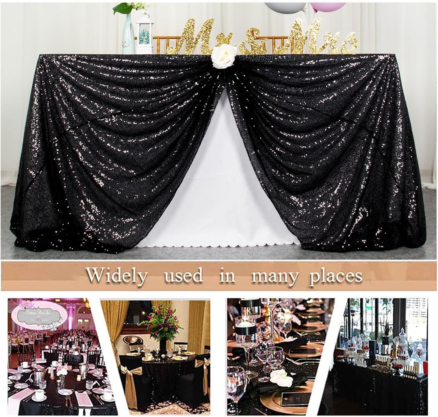 ShinyBeauty 2 Pack 72x72 Inch Black Sequin Tablecloths - Elegant Square Glitter Tablecloth Overlay for Halloween, Wedding, and Birthday Decor