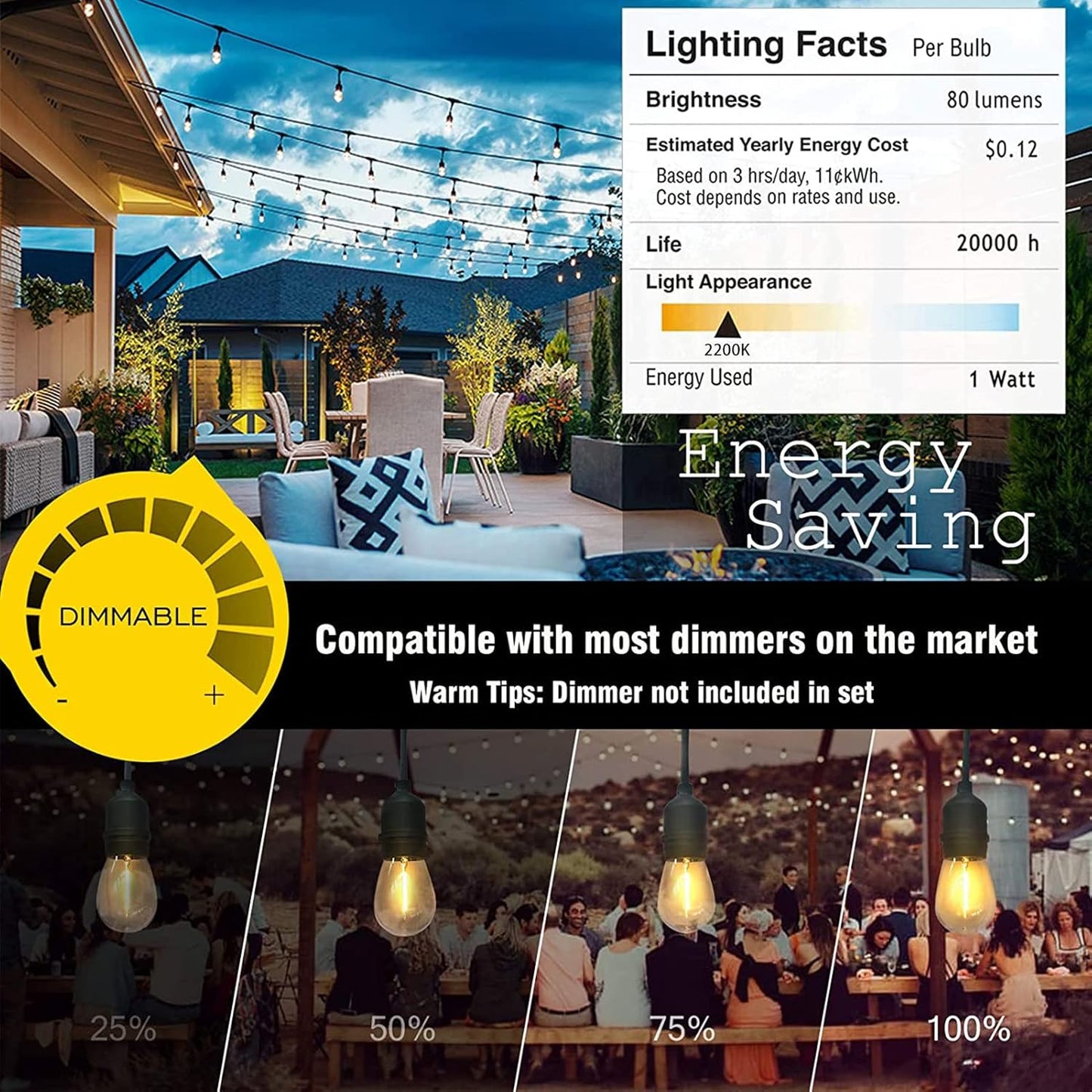 Achin Outdoor String Lights 48FT Dimmable Warm 2200K LED Patio Lights Outdoor Waterproof with 16 Plastic Bulbs Shatterproof String Lights for Outside Deck Gazebo Bistro Lights