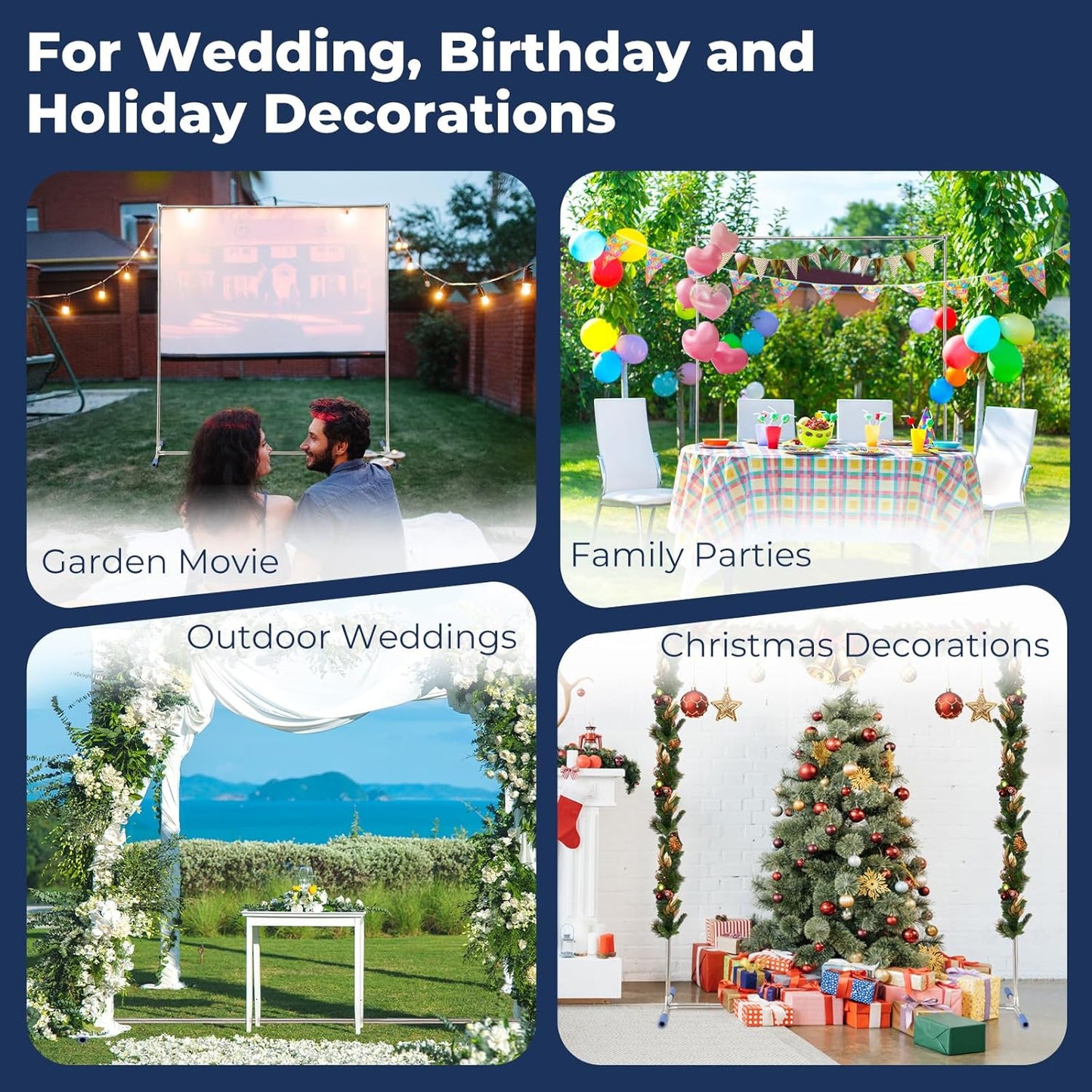 Backdrop Stand Metal 7*4FT Square Arch, Heavy Duty Rustproof Frame with Wide Legs for Wedding/Party Decor, Easy Assemble & Reusable (3 Sizes, Silver)