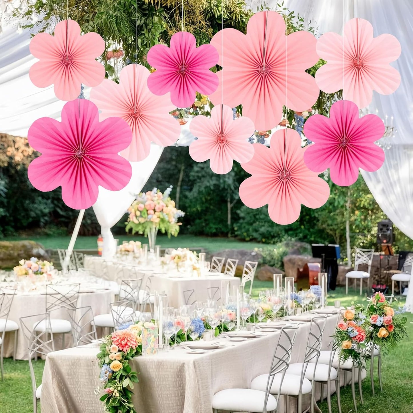 SUNBEAUTY Paper Decoration, Set of 9 - Hot Pink Flower Hanging Ornaments, Party Fans & Floral Backdrop for Weddings, Baby Showers, Birthdays & More