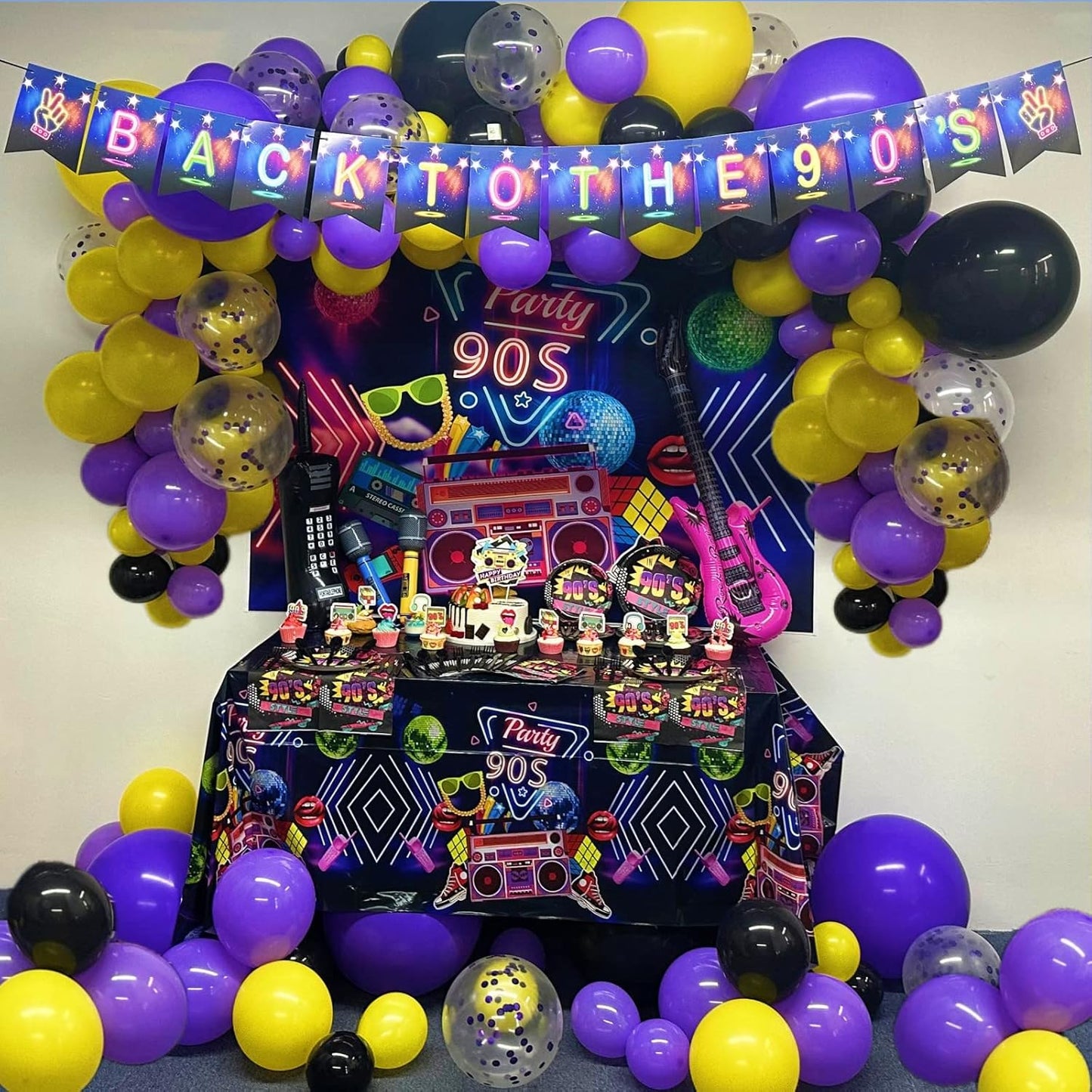 90s Party Decorations 80's 90's Theme Party Bundle includes Inflatable Gitar&Mobile Phone, Back To The 90's Banner, Tablecloth, Cake Toppers, Plates, Napkins, Hip-Hop Backdrop