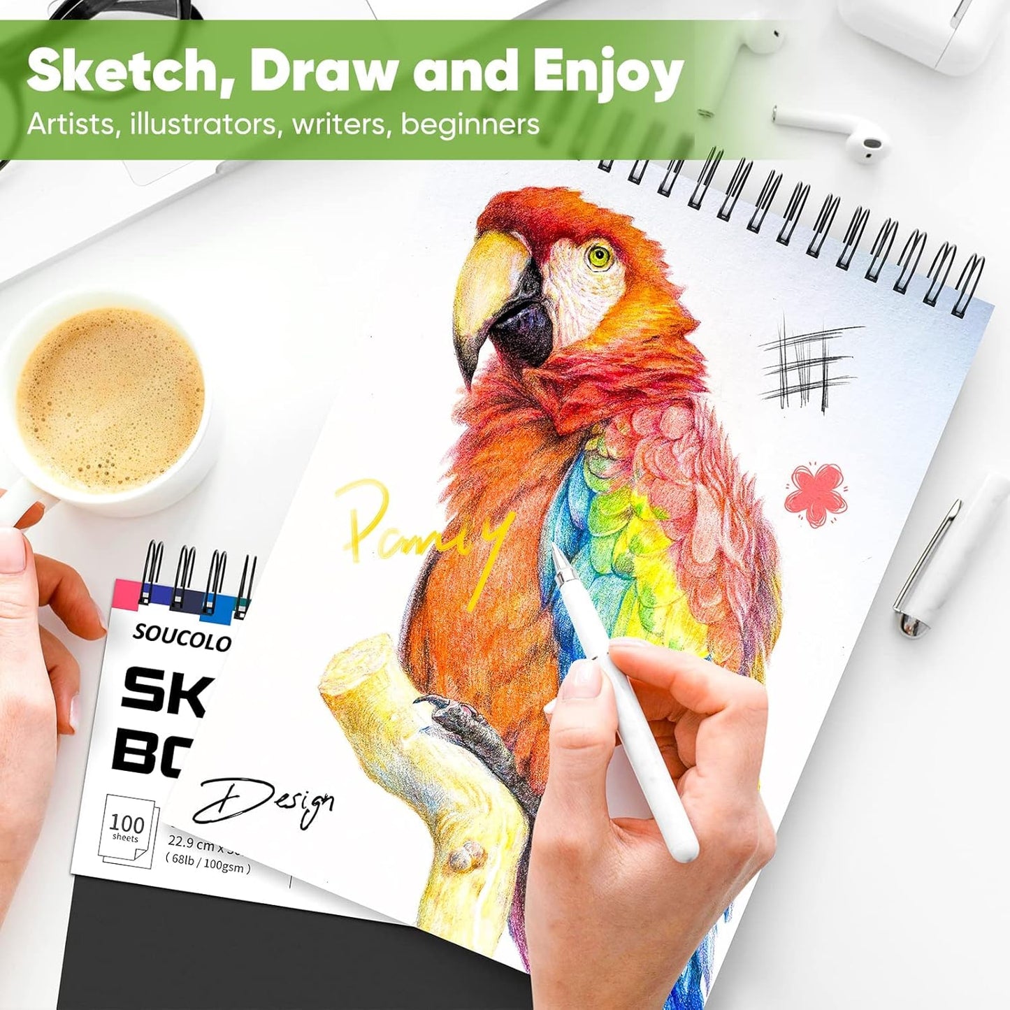 Soucolor Artist 9x12 Sketch Book Set, 4 Pack 100-Sheet Spiral Drawing Pads (68lb/100gsm) | Acid-Free Drawing Paper for Teens, Adults Classroom Art Supplies, Charcoal, Graphite, Pastel Pencils & Sticks