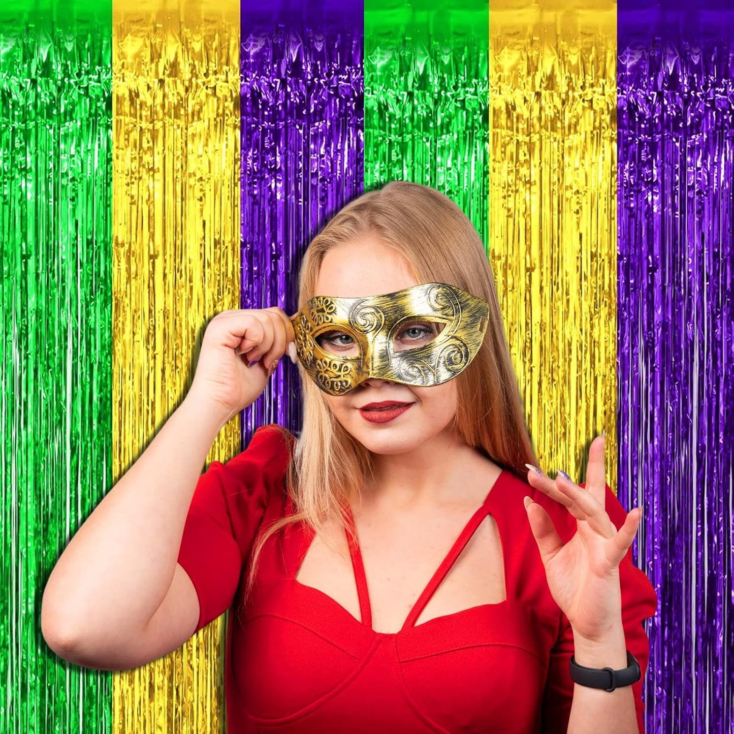 4 Pack Mardi Gras Foil Fringe Curtain Backdrop, 3.28Ft x 8.2Ft Gold Green Purple Metallic Tinsel Foil Fringe Streamers Curtains for Photo Booth, Wedding, Birthday Party Decoration