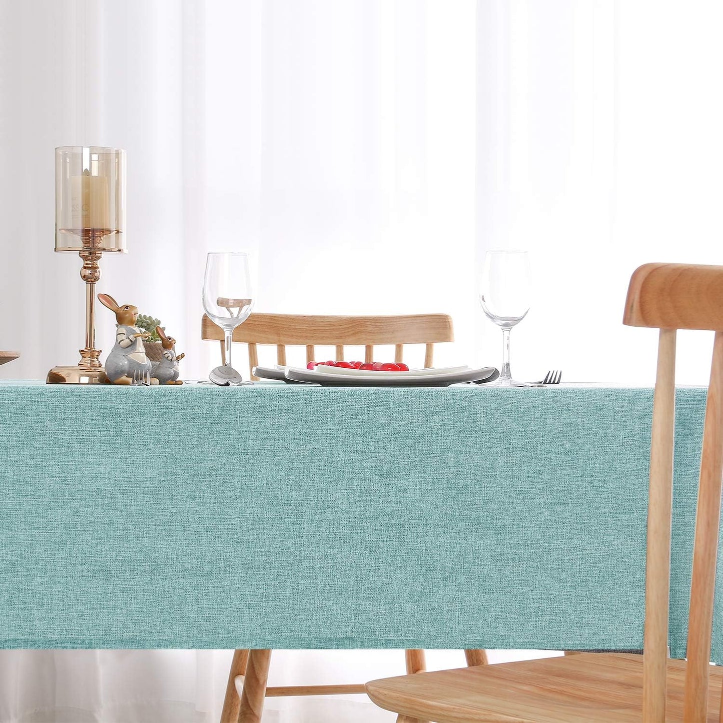 Hiasan Faux Linen Rectangle Tablecloth - Wrinkle and Stain Resistant Washable Table Cloth for Kitchen Dining Room Holiday Table Cover for Party Dinner, Aqua, 60 x 84 Inch