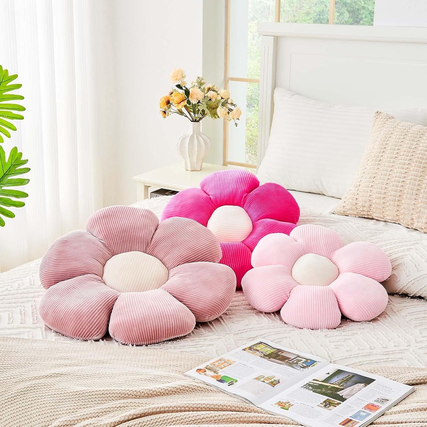 Hot Pink Flower Pillow, 19.6" Cute Flower Shaped Floor Pillow, Aesthetic Floral Plush Daisy Decorative Throw Pillows for Bed Sofa Couch