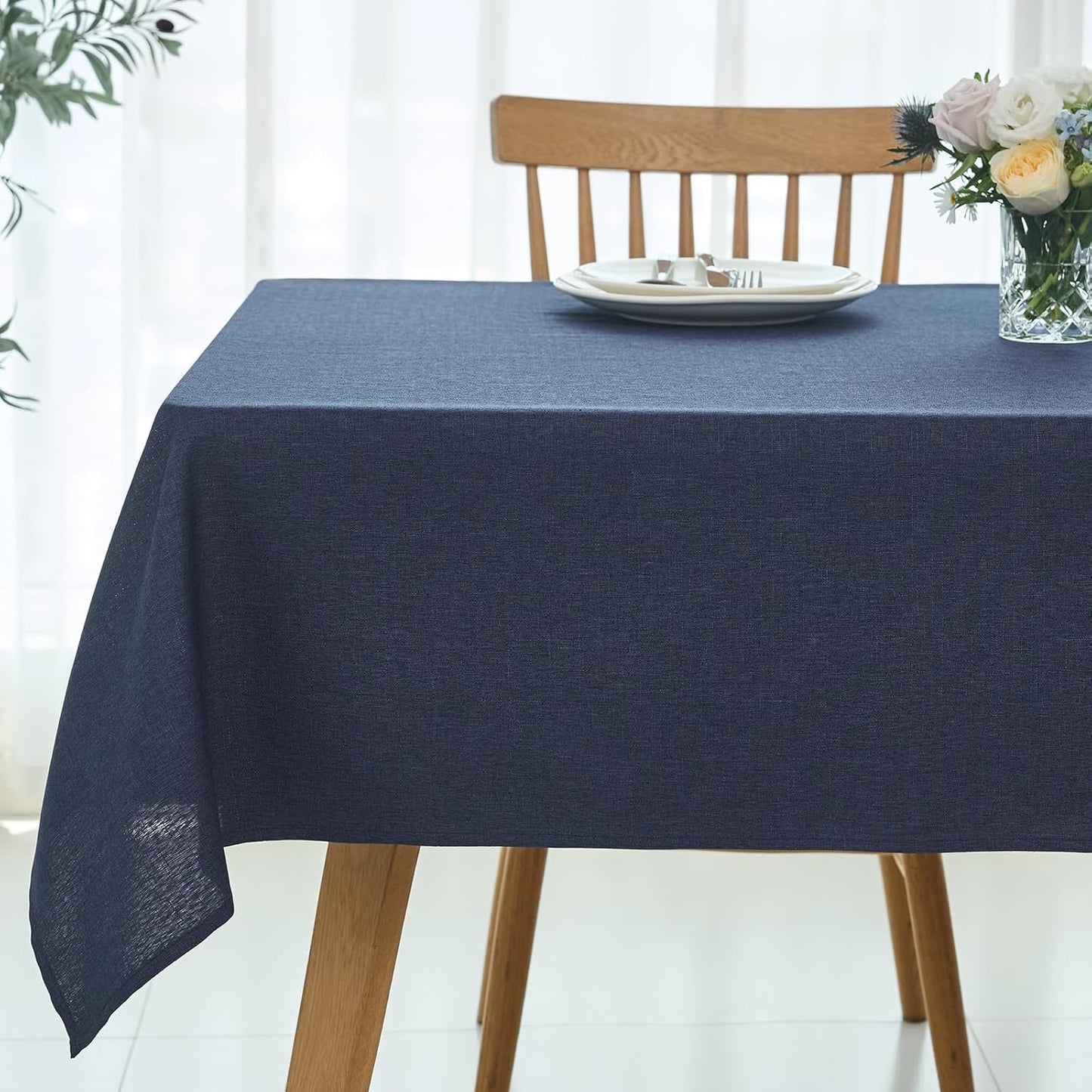 maxmill Rectangle Linen Textured Tablecloth Waterproof Spillproof Wrinkle Free Washable Fabric Table Cloth Kitchen Dining Tabletop Decoration Table Cover for Holiday Party, 52 x 70 Inch, Navy Blue