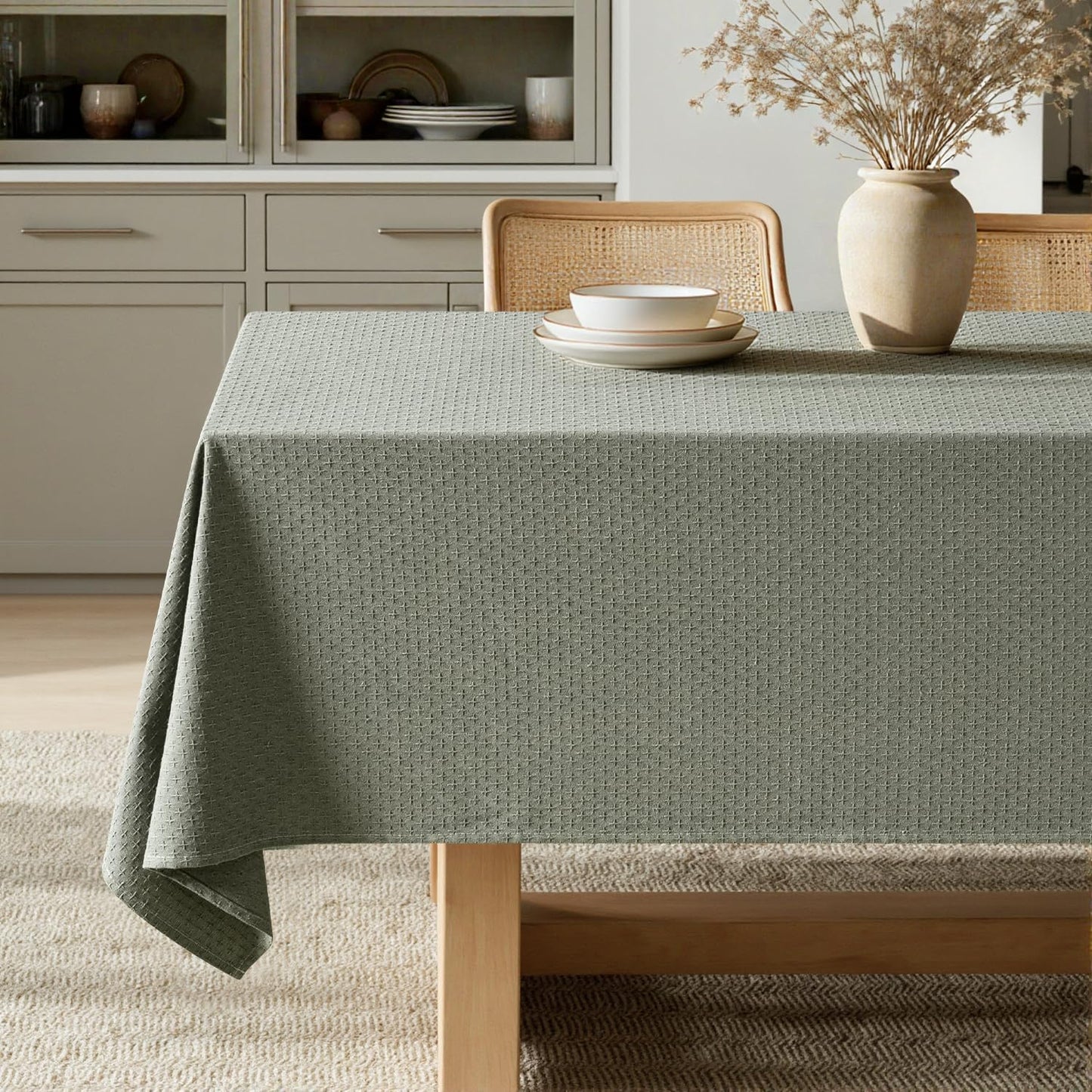 MIULEE Olive Green Linen Cottton Table Cloth Rectangle Tablecloth Waterproof Spillproof Cross-Star Textured Table Cltoth Decorative Farmhouse Style for Dining Party Weddings 52x70 Inch