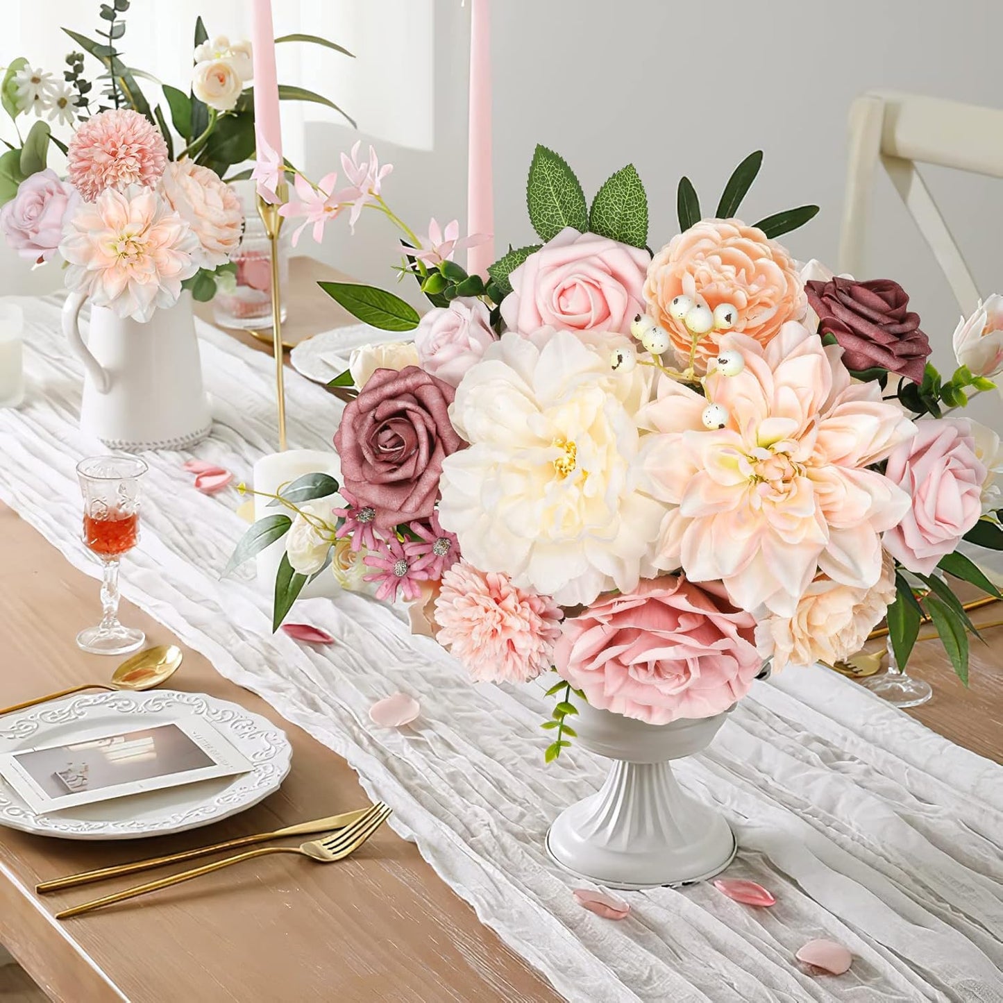AmyHomie Blush Champagne Artificial Flowers Combo Silk Mix Peony Rose Fake Flowers w/Stem for DIY Wedding Bouquets Centerpieces Arrangements Table Fall Decor Party Bridal Baby Shower Home Decorations