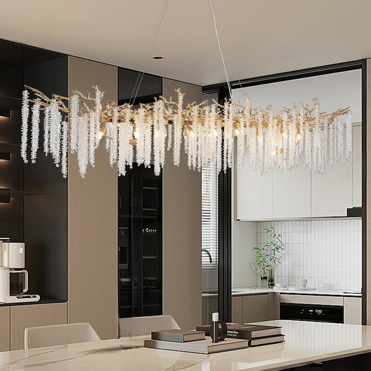 YUYI Modern Crystal Chandelier, 71" Gold Rectangular Chandeliers for Dining Room, Large Tree Branch Chandelier Luxury Ceiling Light Fixture for Living Room, Kitchen Island, Foyer, 5 Year Warranty