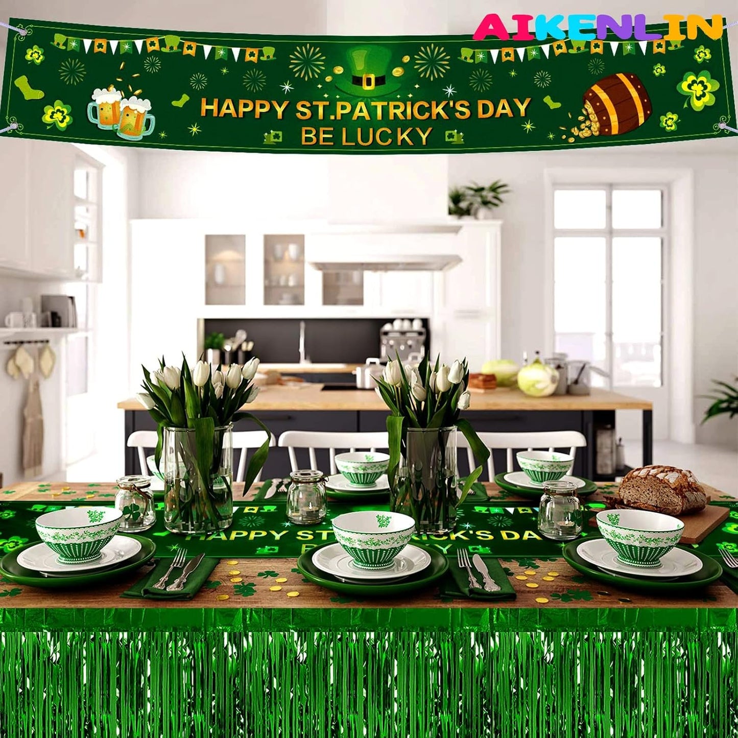 6 Pack 29x108 Inch Metallic Foil Fringe Tinsel Table Skirts Banner for Rectangle Tables Streamer Backdrop for Wedding, Birthday, Parade Floats, St Patrick Day Party Decoration(New Green)