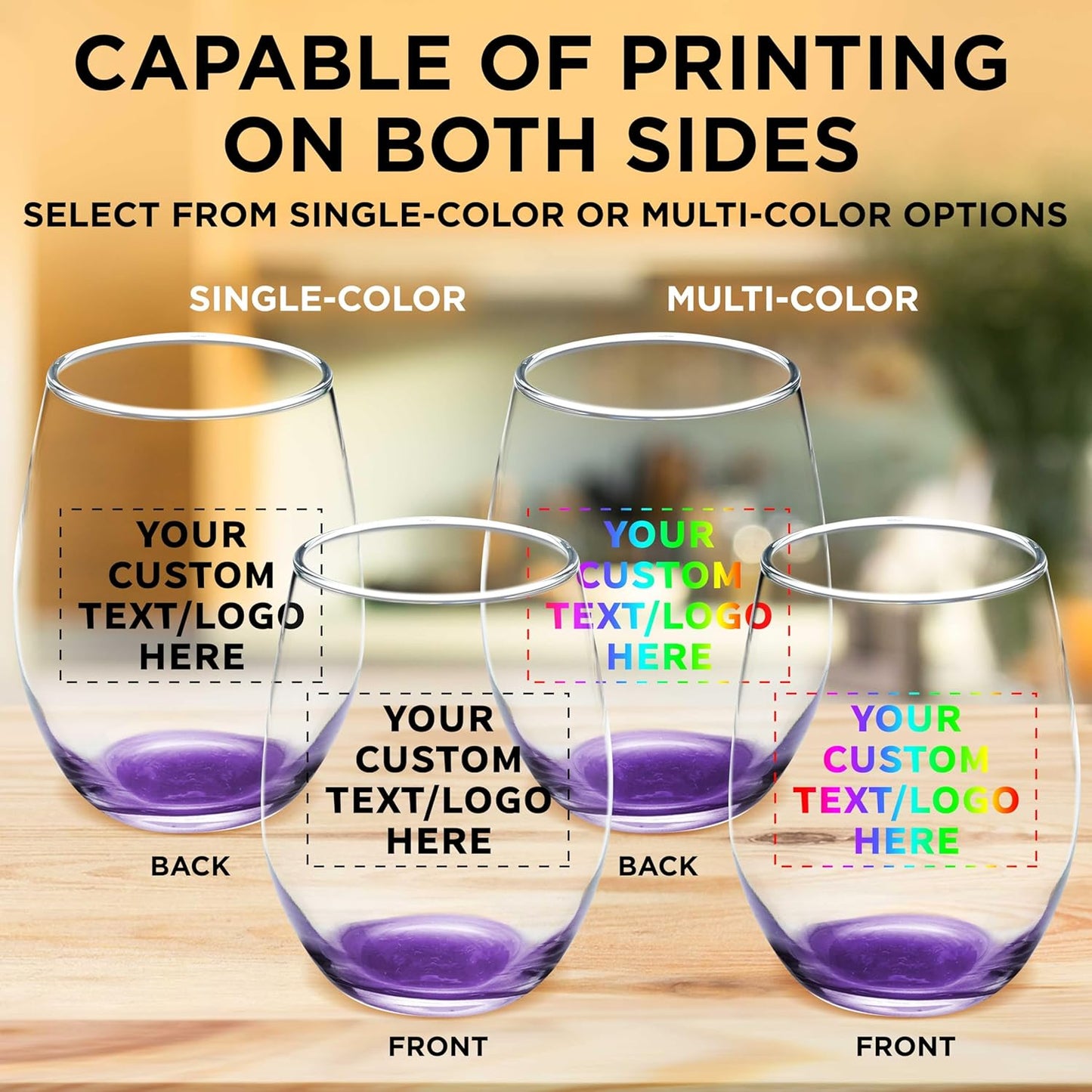 Custom Stemless Wine Glass 9 oz. Set of 50, Personalized Bulk Pack - Great for Wedding Favors, Bachelorette Party Decorations, Party Favors, Color Bottom - Purple