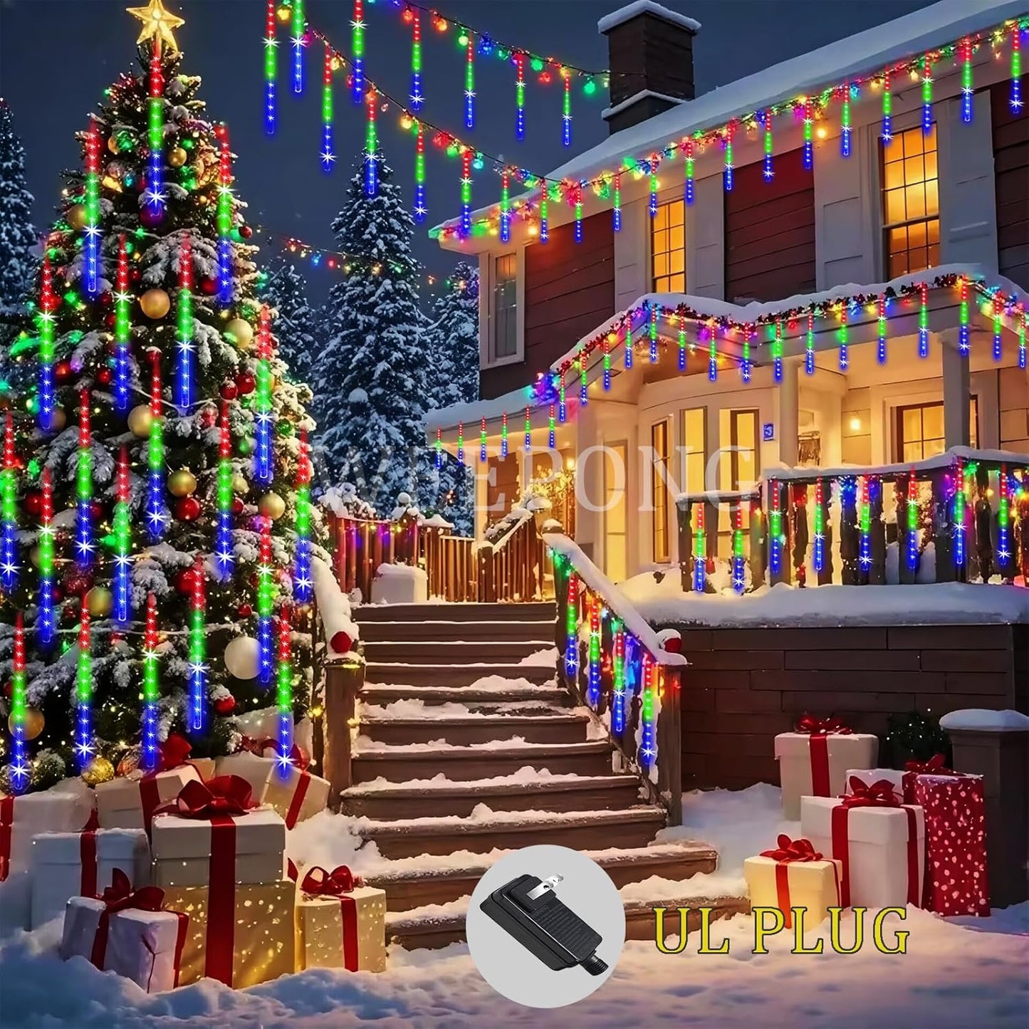 Meteor Shower Outdoor Christmas Lights 32 Tube 768LEDs Snow Falling Rain Cascading Icicle Light for Christmas Halloween Tree Decorations Wedding Party Garden Decor, UL Plug Multi Color