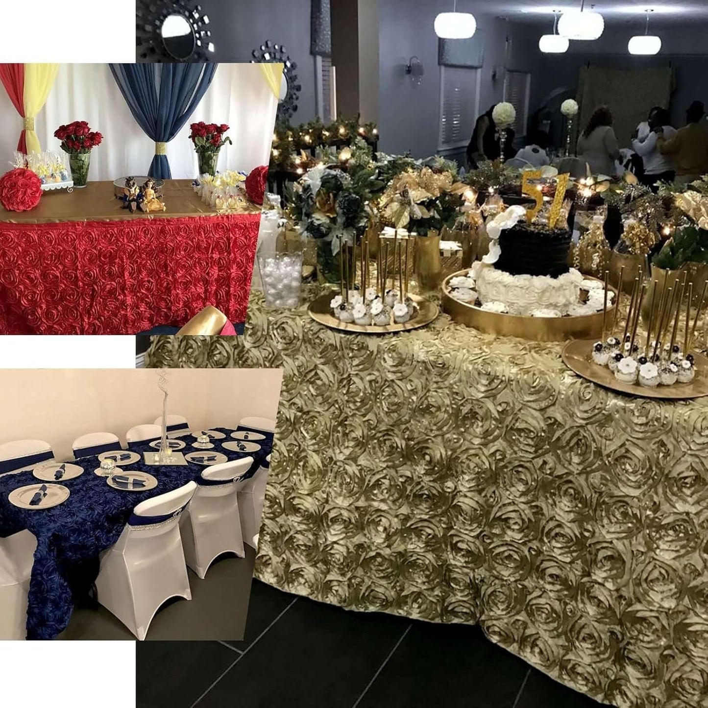 Efavormart 90"x156" Wholesale Rectangle Table Cover Black Grandiose Rosette 3D Satin Tablecloth for Wedding Party Event Decoration