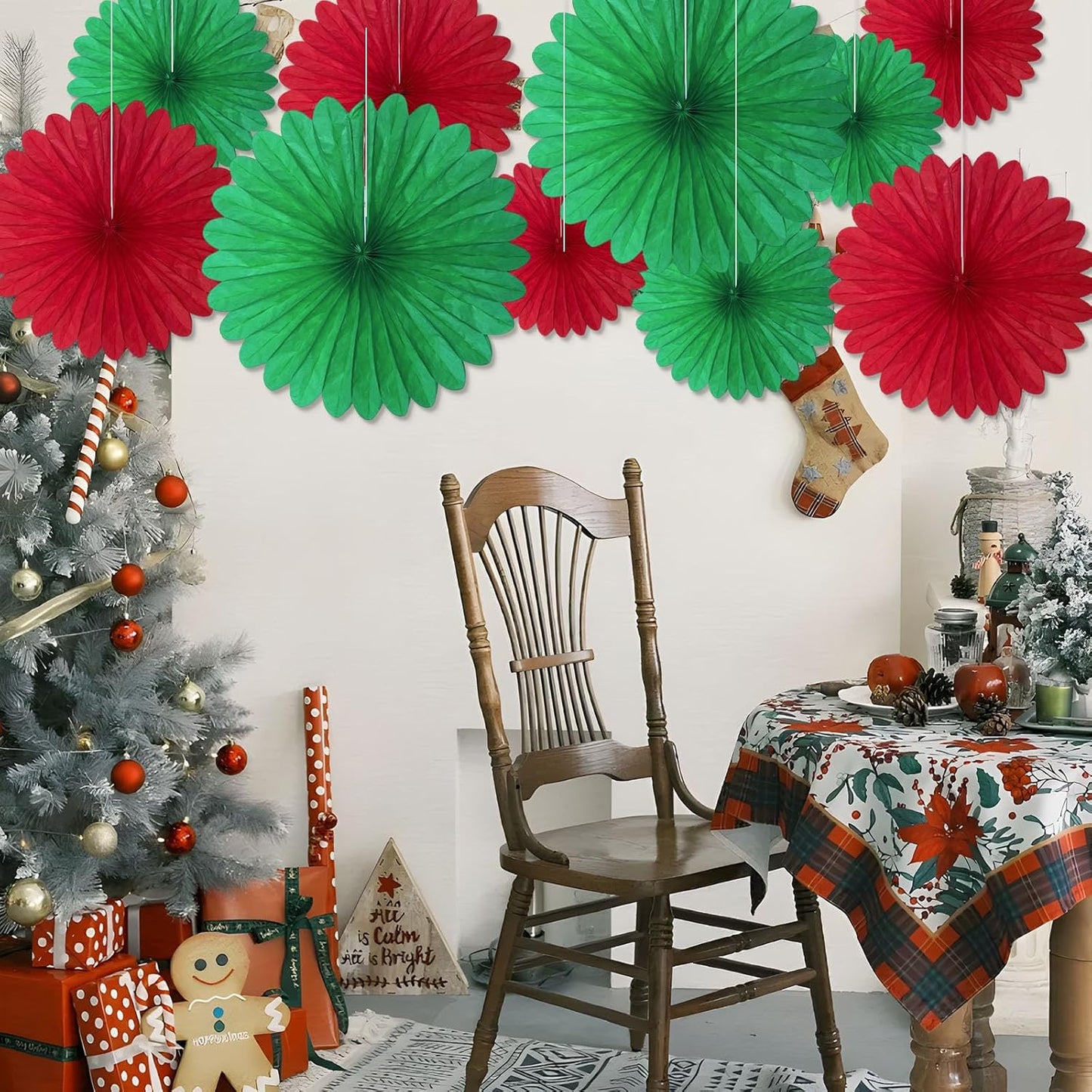 20 Pcs Red Green Hanging Paper Fan, Round Paper Fans Decorations Set for Weddings, Birthdays, Engagement, Bridal Shower, Christmas Party Supplies Decor