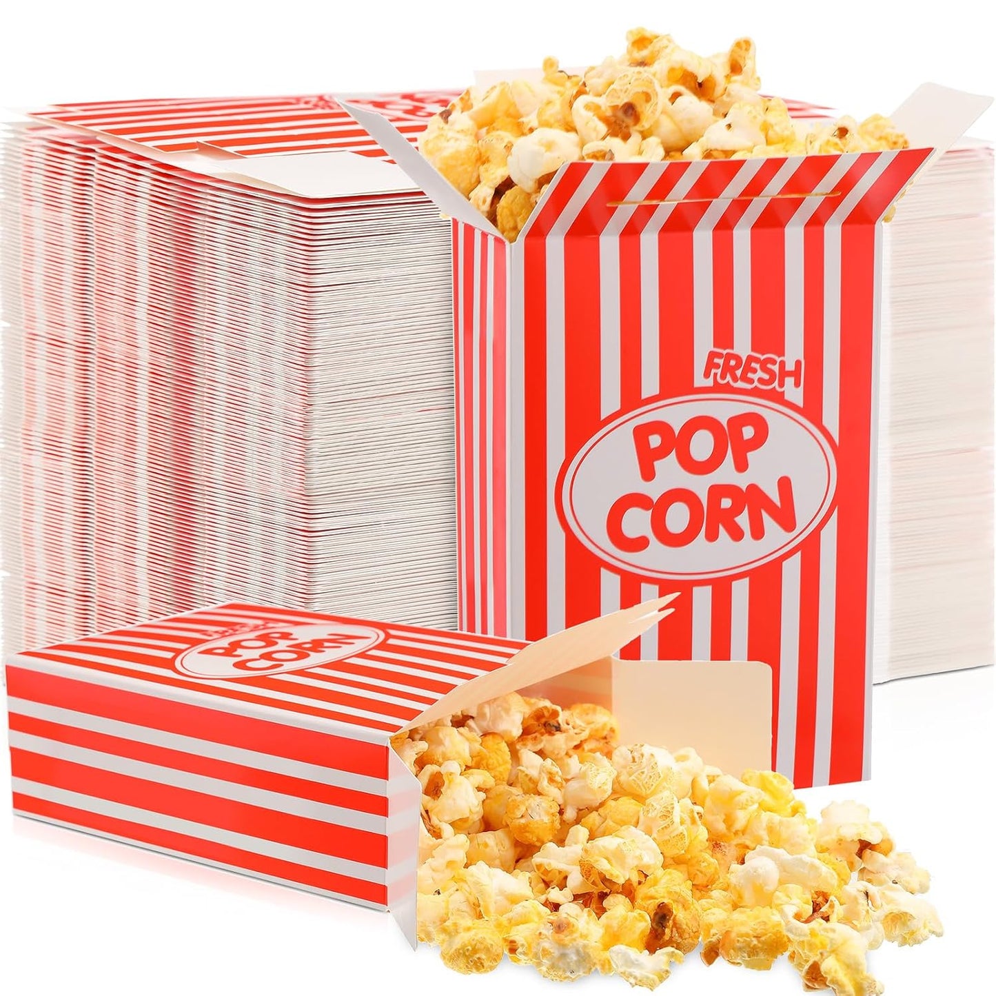 Xinnun 300 Pcs Paper Popcorn Boxes 1 oz Close Top Oil Proof Disposable Popcorn Container 6 x 4 x 2 Inch Stripes Leak Proof Popcorn Boxes for Party Movie Party Theater Night Birthday (Red)