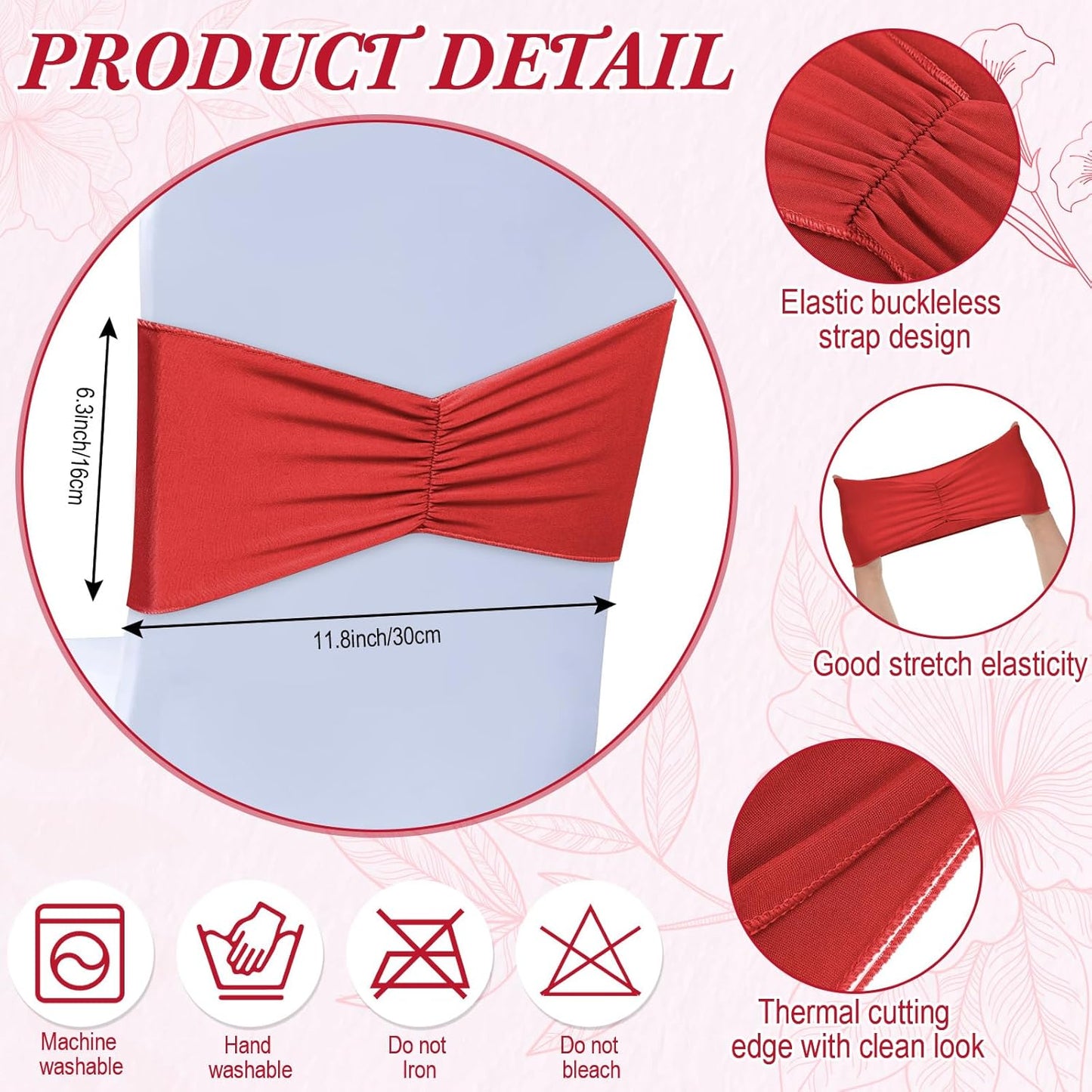 Moukeren 100 Pcs Spandex Chair Sashes Bows Bands Slider Sashes for Chair Covers Elastic Bands Ties Ribbon Decorations for Wedding Party Events Ceremony Birthday Banquet(Red)