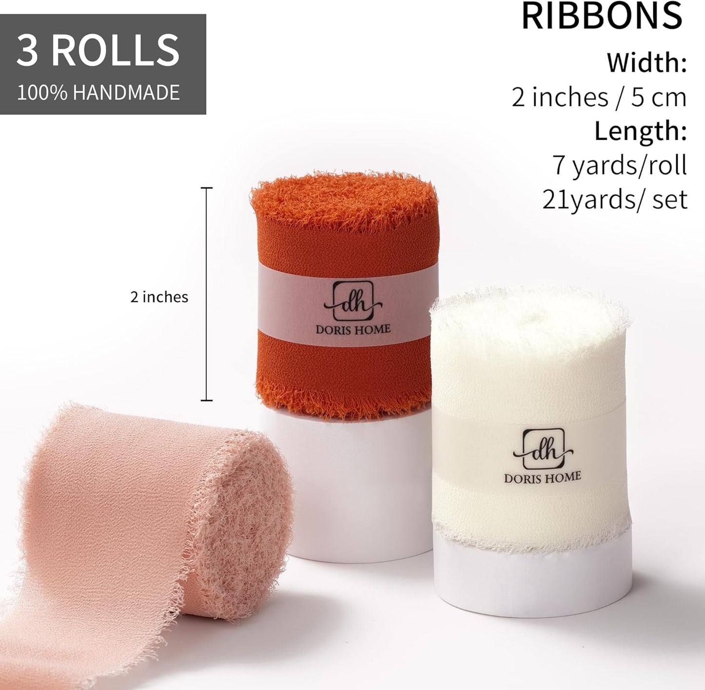 DORIS HOME 2" x21Yd Chiffon Ribbon for Flower Bouquet, Orange & Cream Fabric Ribbon for Gift Wrapping, Handmade Frayed Ribbon for Wedding/Christmas Decorations