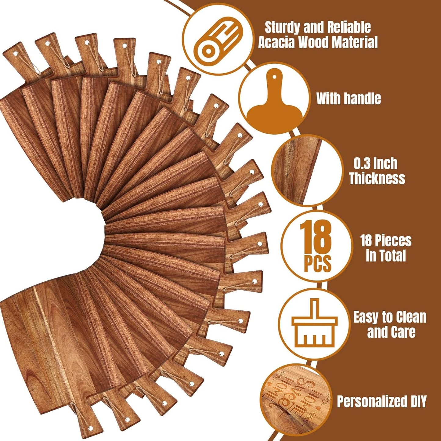 Irenare 18 Pcs Plain Cutting Board Set with Handles Laser Engraving Wooden Charcuterie Kitchen Serving Chopping Board Bulk for DIY Housewarming Mother's Day Gifts(Acacia,17 x 10 Inch)
